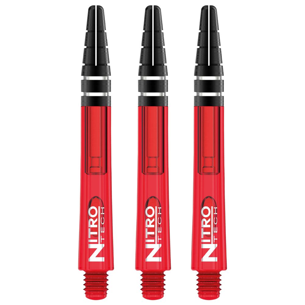 Das Bild zeigt drei rote RedDragon Nitrotech Shafts für Dartpfeile. Auf jedem Schaft steht in weißen Buchstaben "NITRO TECH".