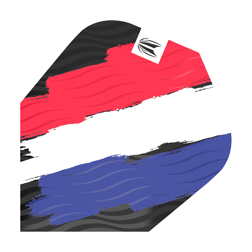 TG67_335790_Target_ProUltra_Flag_Holland_Ten-X_Flights_1lqr2WK4JXg24I Das Bild zeigt ein Dart-Flight mit den Farben der niederländischen Flagge in einem Pinselstrich-Design. Oben rechts befindet sich ein kleines weißes Quadrat mit einem schwarzen Logo.