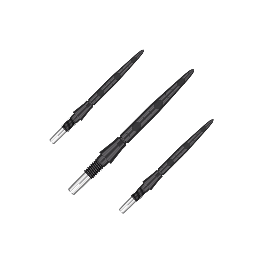 Target Swiss Storm Onyx Point Dart Tips - Black Auf dem Bild sind drei schwarze Dartspitzen mit silbernen Enden zu sehen. Sie sind in einem Set angeordnet und haben eine strukturierte Oberfläche.