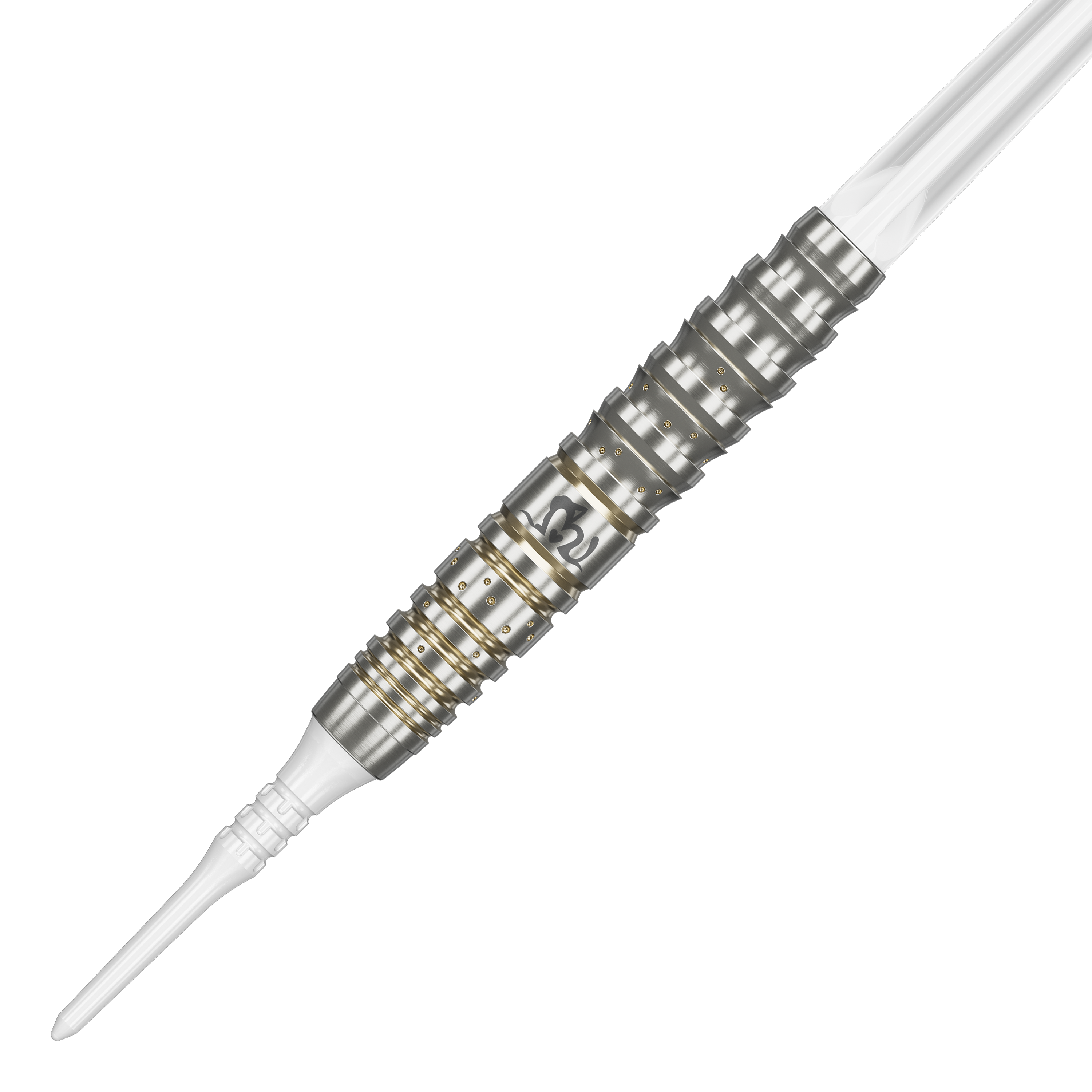 Target Japan Prime Series Mayujo Morita GEN6 Soft Darts - 18g Das Bild zeigt einen Softdart der Produktreihe "Target Japan Prime Series Mayujo Morita GEN6" mit 18 Gramm Gewicht. Der Dart ist silbern mit goldenen Ringen und hat eine weiße Spitze.