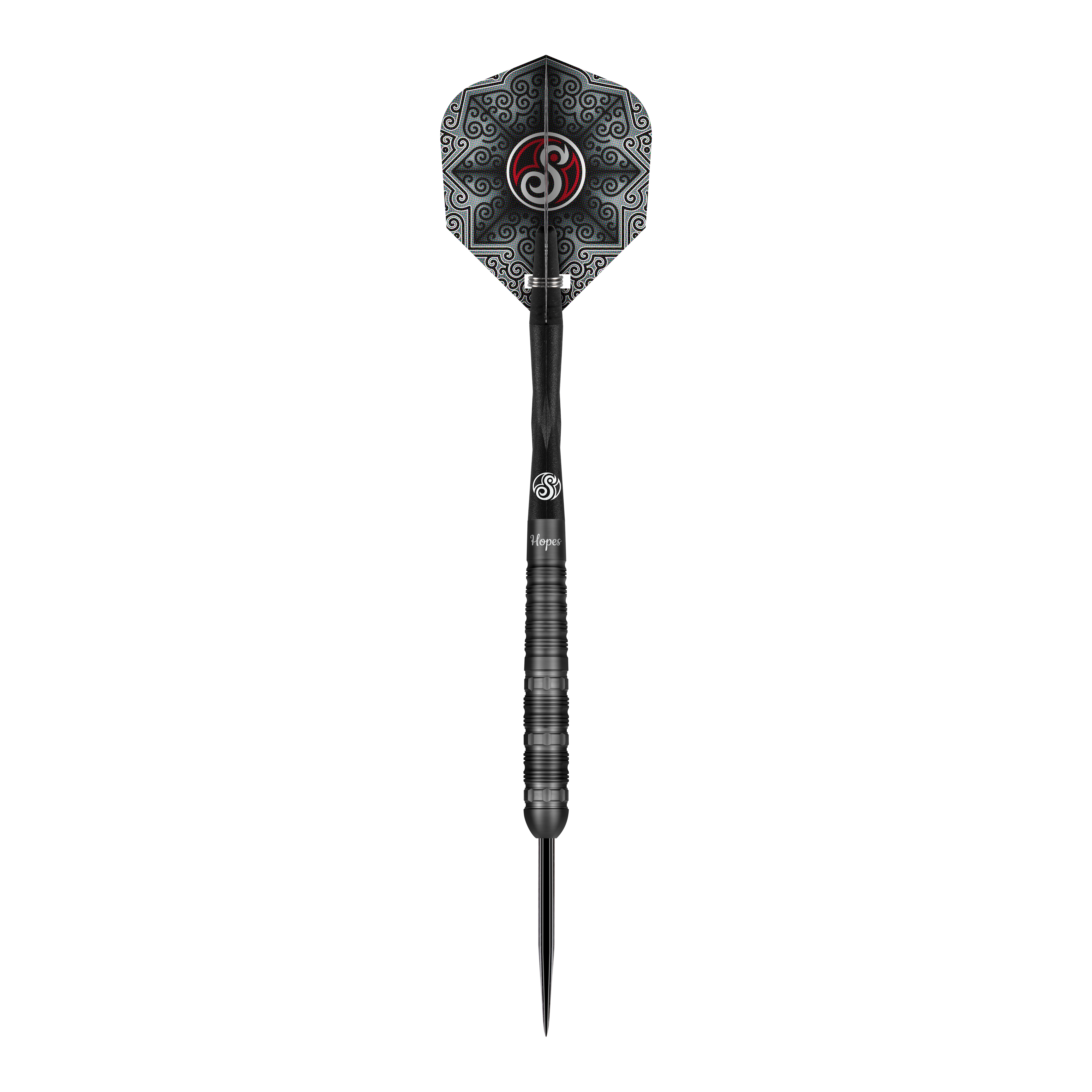 Shot Pro-Series Haupai Puha 2 steel darts - 24g Das Bild zeigt einen Shot Pro-Series Haupai Puha 2 Steeldart mit einem Gewicht von 24g. Der Dart ist schwarz und hat ein auffälliges, gemustertes Flight-Design.