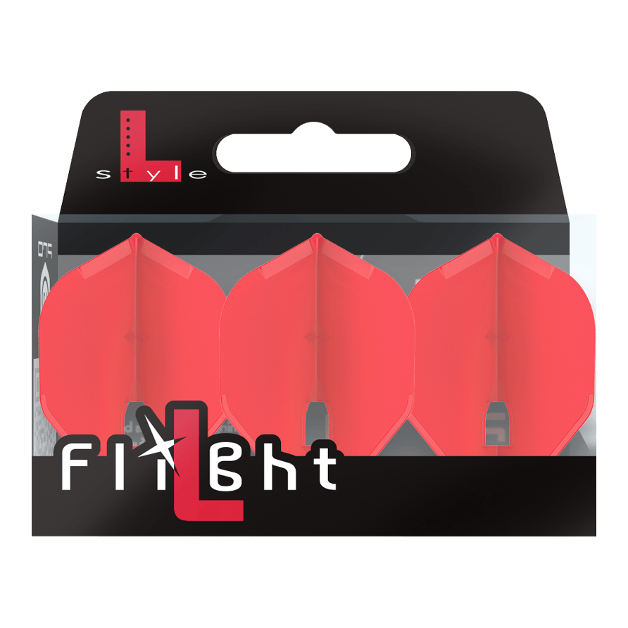 L-Style Flights Champagne - L1PRO Standard Auf dem Bild ist eine Verpackung mit drei roten Dartflights zu sehen. Die Marke „L-Style“ und der Schriftzug „Flight“ stehen auf der Vorderseite der Packung.