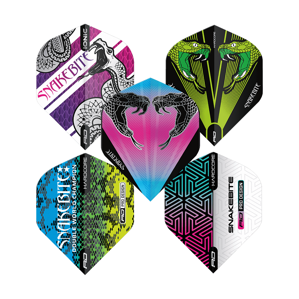 X0797_Red_Dragon_Peter_Wright_1_Flight_Card_2 Das Bild zeigt fünf bunte Dart-Flights mit verschiedenen Schlangen- und Musterdesigns aus der Produktreihe „Red Dragon Peter Wright 1 Flight Card“. Jeder Flight hat ein einzigartiges Farbmuster und auffällige Grafiken.