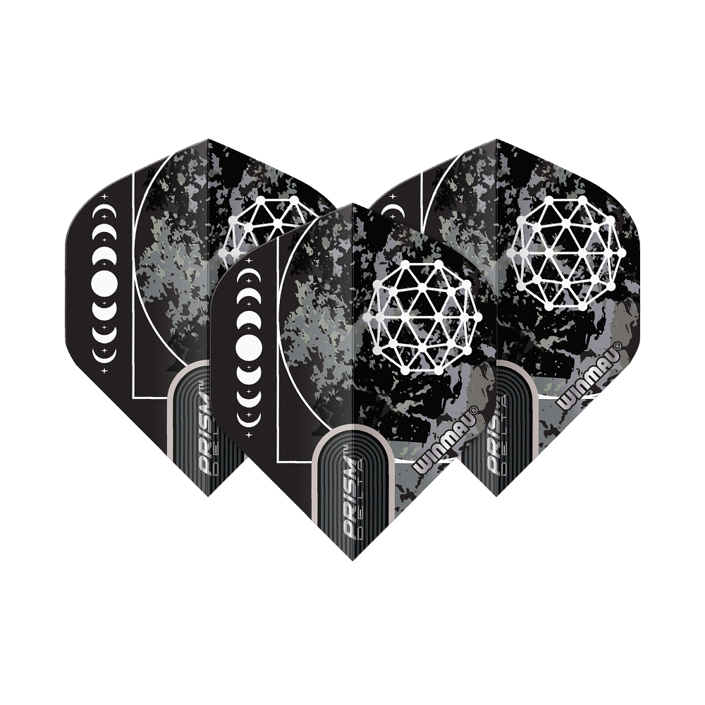 Winmau Prism Delta Callisto No2 Standard Flights Das Bild zeigt die Winmau Prism Delta Callisto No2 Standard Flights. Sie sind schwarz mit einem geometrischen weißen Muster und einer Mondphasen-Grafik gestaltet.