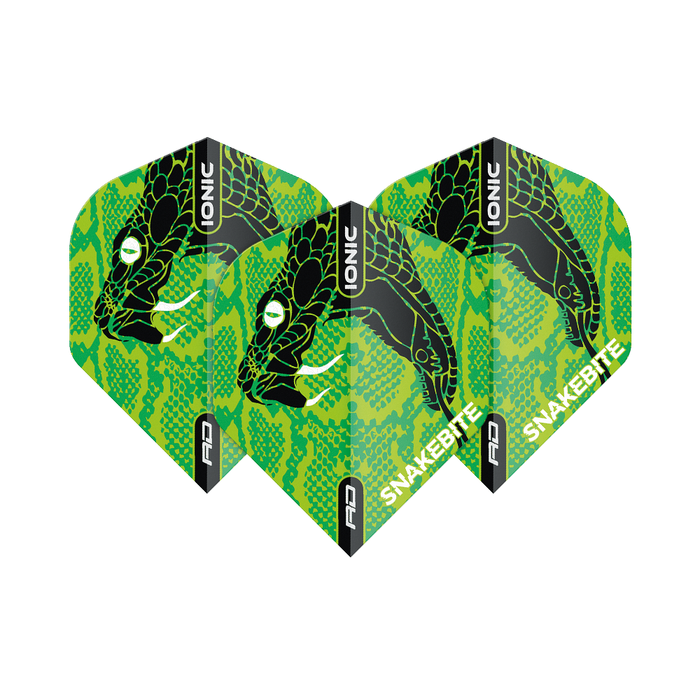 TF6571_Red_Dragon_Hardcore_Ionic_Snakebite_Green_Head_Standard_Flights_1w0XjKan7GL0iq Das Bild zeigt drei Dart-Flights mit einem auffälligen grünen Schlangenkopf-Design. Auf den Flights stehen die Wörter "IONIC" und "SNAKEBITE".