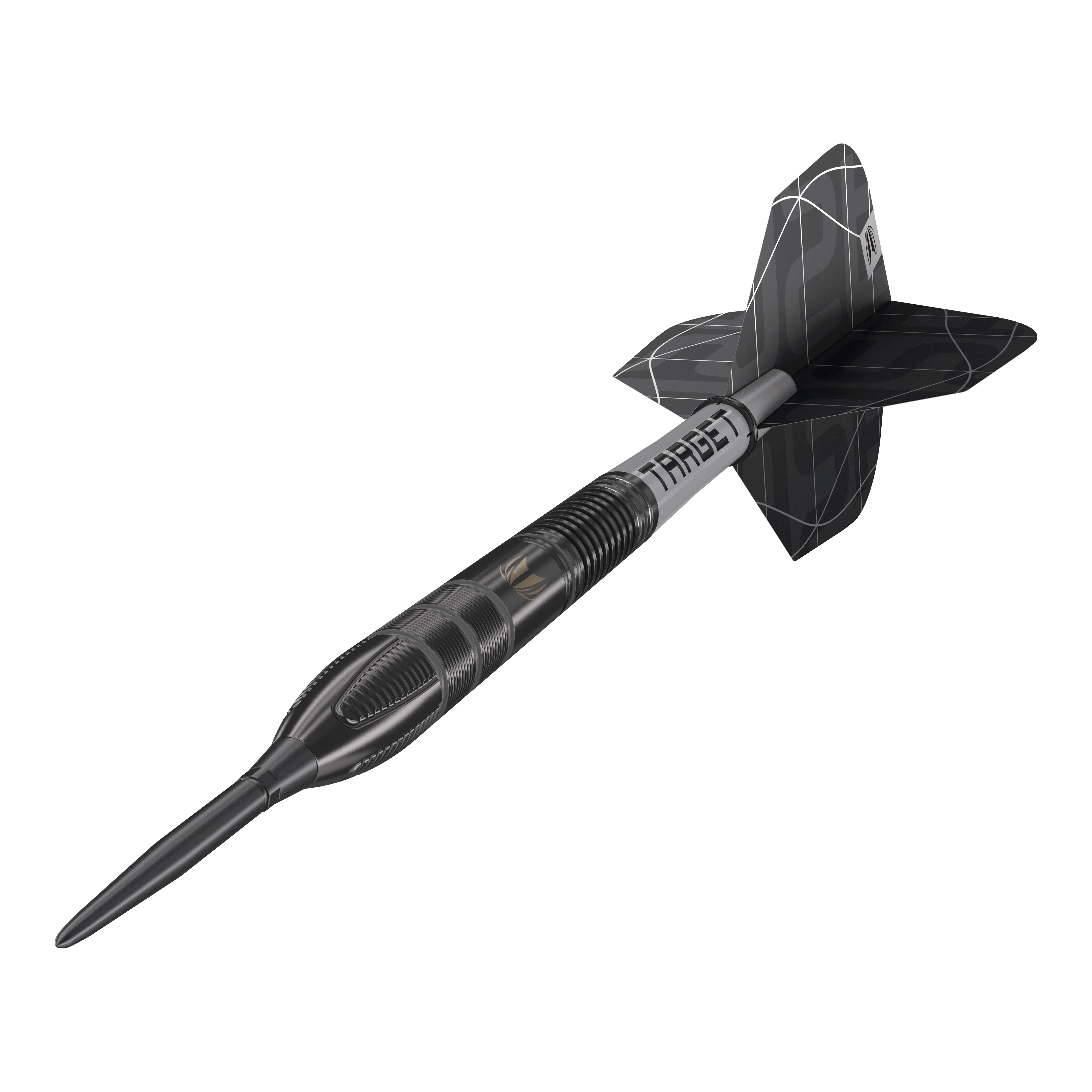 Das Bild zeigt einen Target Nathan Aspinall X Echo Swiss Point Steeldart. Der Dartpfeil ist schwarz-silbern und hat ein modernes, auffälliges Design.