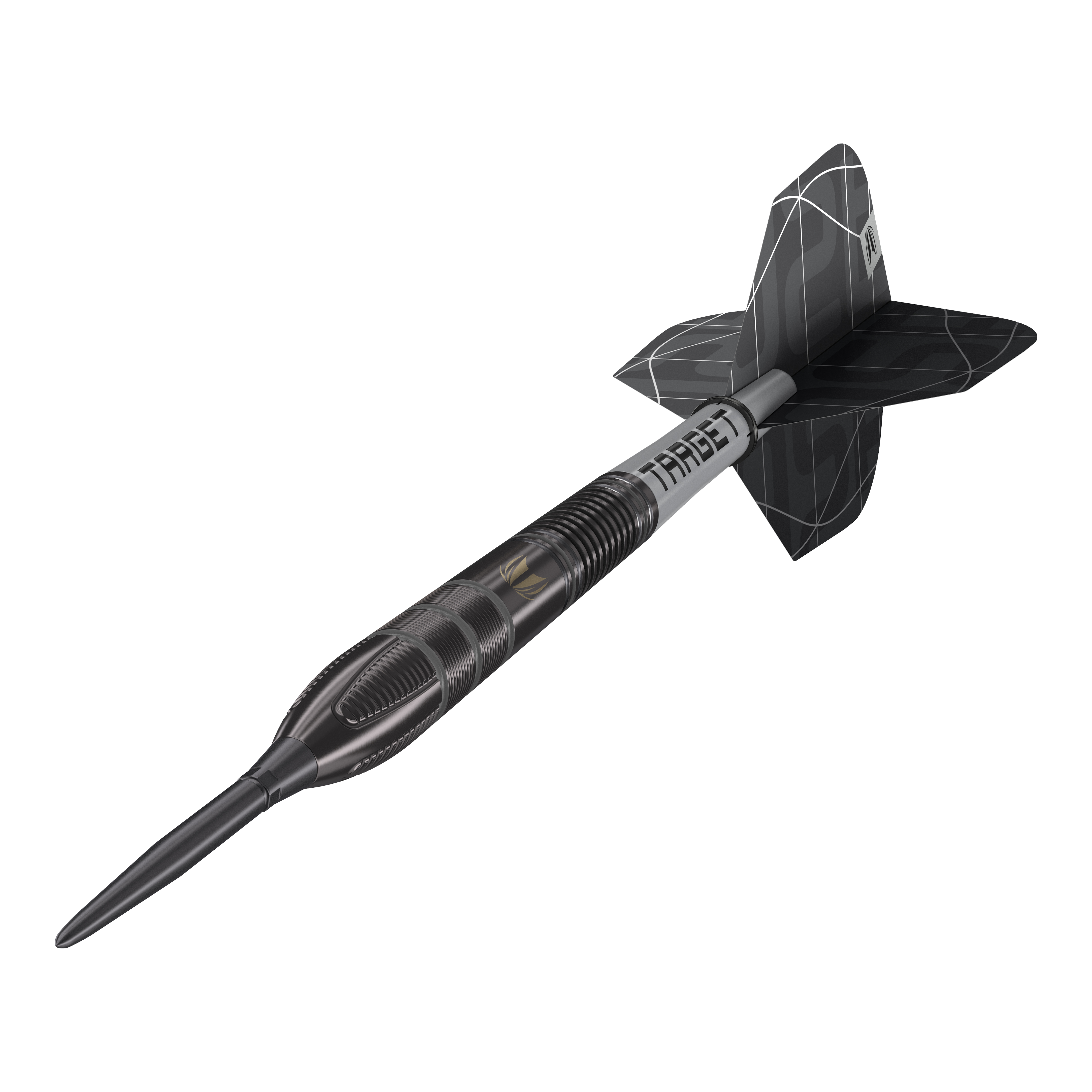 Target Nathan Aspinall X Echo Swiss Point steel darts Das Bild zeigt einen Target Nathan Aspinall X Echo Swiss Point Steeldart. Der Dartpfeil ist schwarz-silbern und hat ein modernes, auffälliges Design.