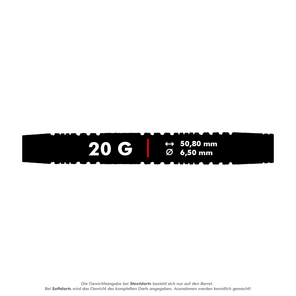 Das Bild zeigt einen Softdart mit einem Gewicht von 20 Gramm. Die Länge beträgt 50,80 mm und der Durchmesser 6,50 mm.