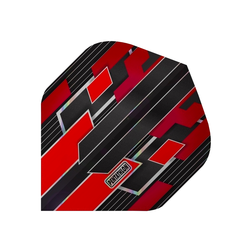 P38_Pentathlon_Gilded_Standard_Flights_Rot_1 Das Bild zeigt das Pentathlon Gilded Standard Flight in Rot. Das Design besteht aus roten, schwarzen und silbernen geometrischen Mustern mit dem Pentathlon-Logo in der Mitte.