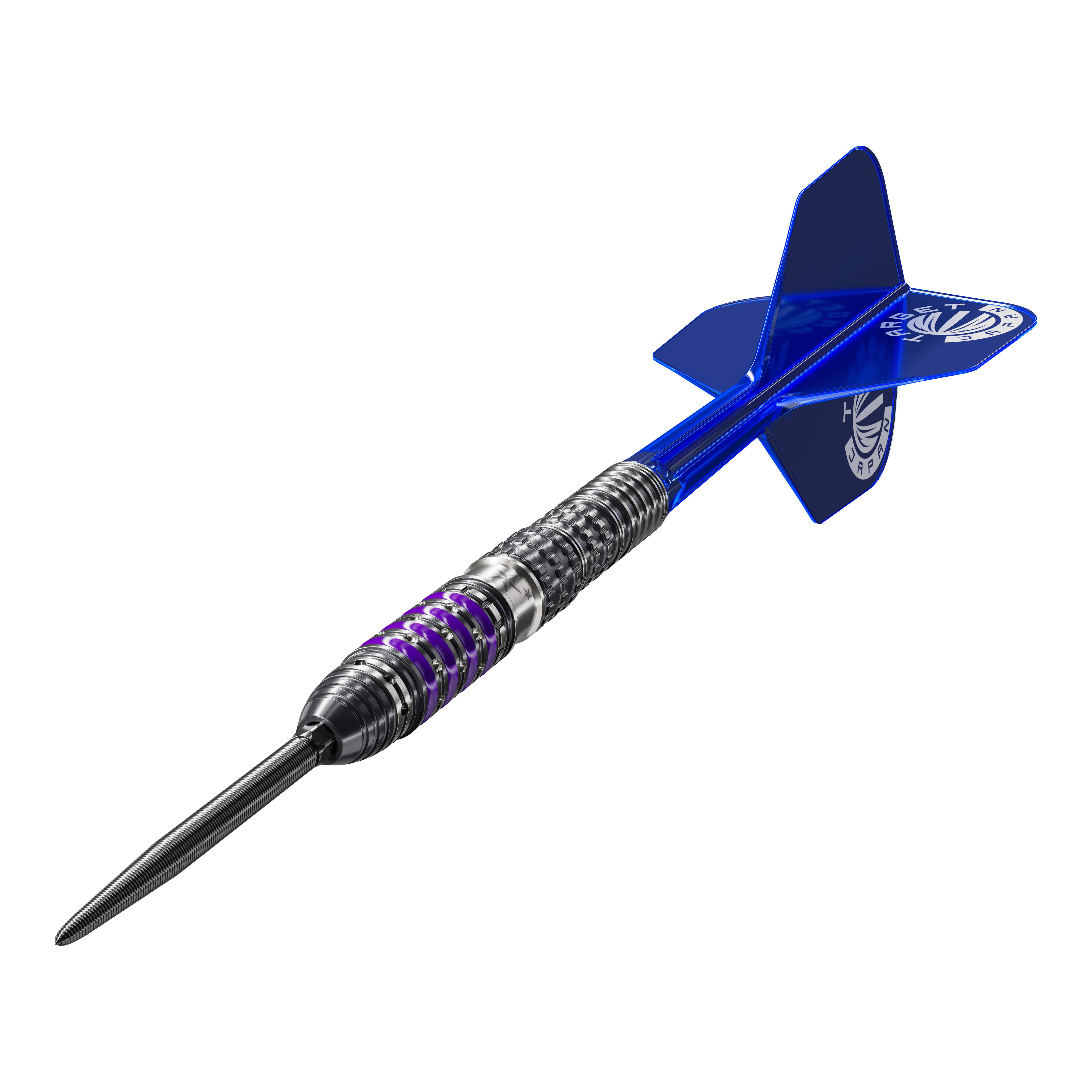 Target Japan Prime Series Sirius GEN4 Swiss Point Steel Darts Das Bild zeigt einen Target Japan Prime Series Sirius GEN4 Swiss Point Steeldart. Der Dart hat ein metallisches Barrel mit lila Akzenten und blaue Flights.