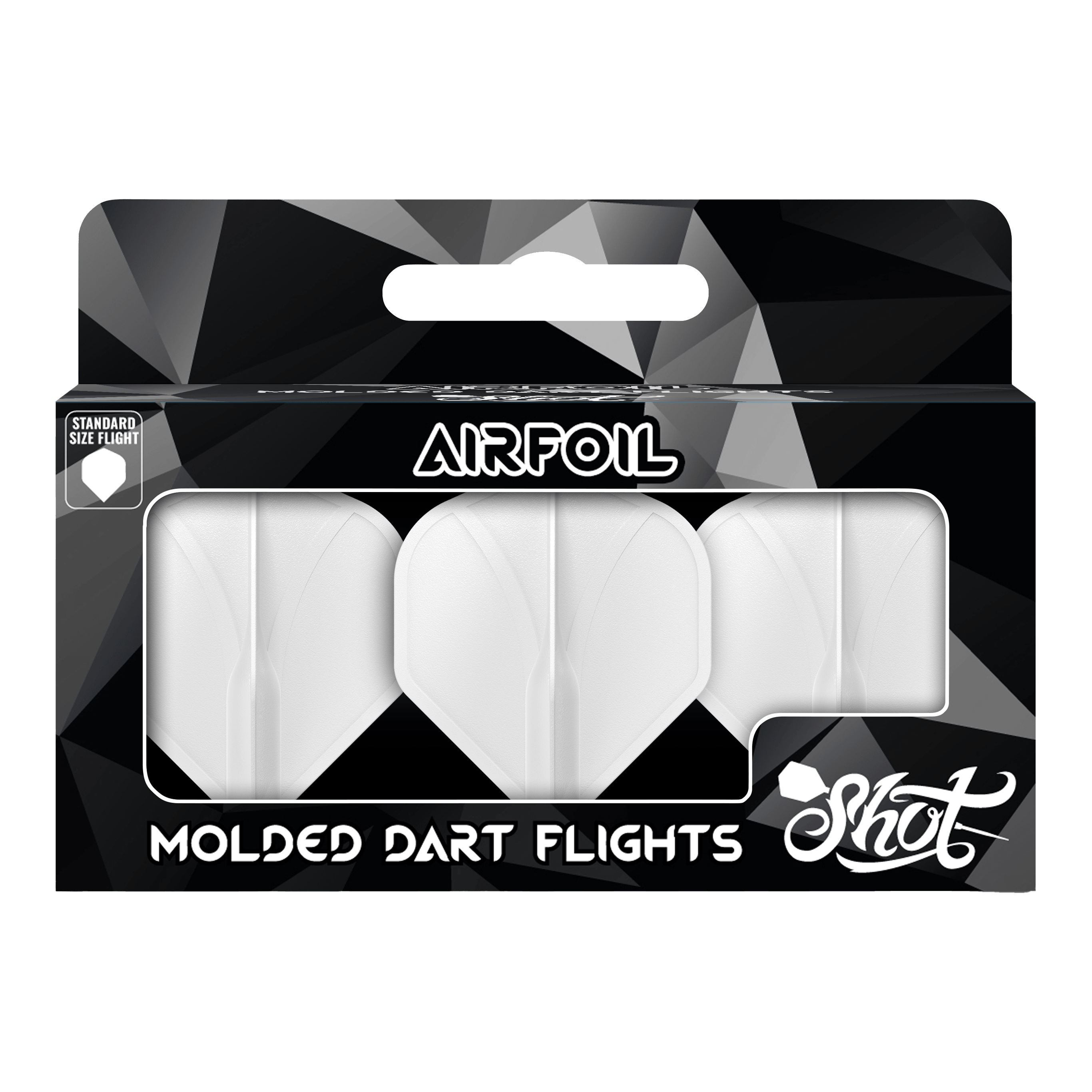 Shot Airfoil Molded No2 Standard Flights Die Verpackung zeigt drei weiße, geformte Dart-Flights der Marke Shot. Auf der Vorderseite steht „Airfoil – Molded Dart Flights“ in großen Buchstaben.