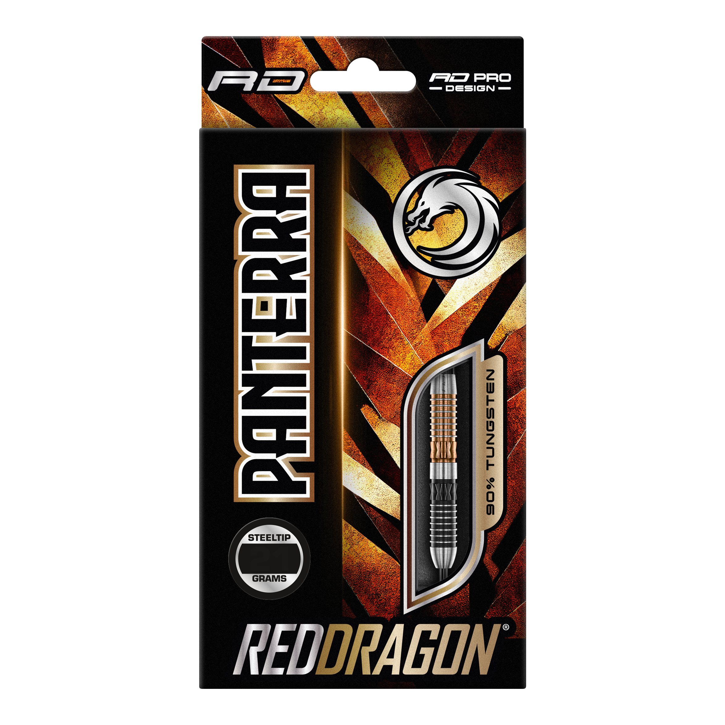 Red Dragon Panterra steel darts Die Abbildung zeigt die Verpackung der "Red Dragon Panterra Steeldarts". Das Design ist auffällig mit goldenen und schwarzen Farben gestaltet und hebt den Dart mit 90% Tungsten-Anteil hervor.