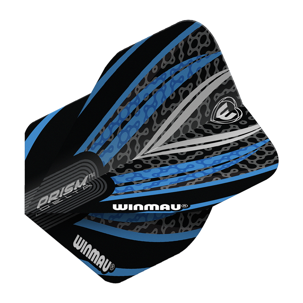 Das Bild zeigt ein Winmau Prism Delta Standard Dartflight in den Farben Schwarz, Weiß und Blau. Das Flight hat ein modernes, grafisches Design mit dem Winmau-Logo und auffälligen Mustern.
