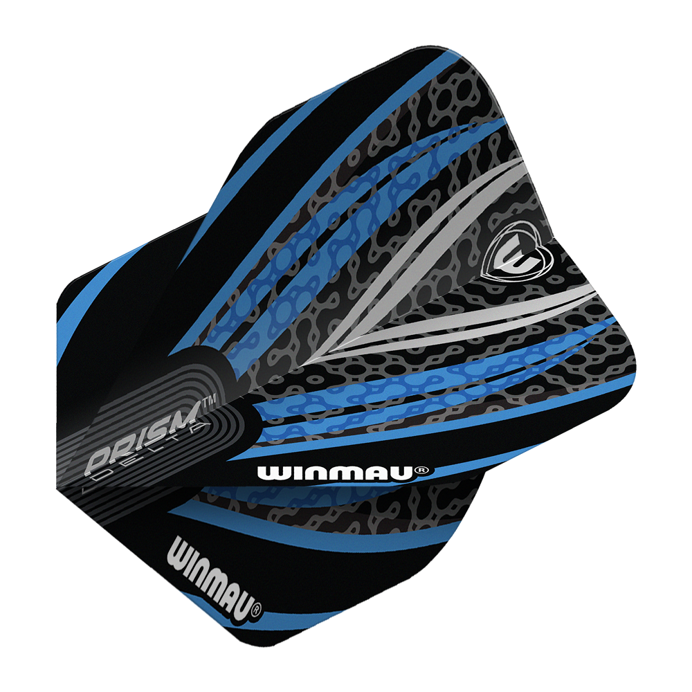 Winmau Prism Delta Black White Blue No. 2 Standard Flights Das Bild zeigt ein Winmau Prism Delta Standard Dartflight in den Farben Schwarz, Weiß und Blau. Das Flight hat ein modernes, grafisches Design mit dem Winmau-Logo und auffälligen Mustern.