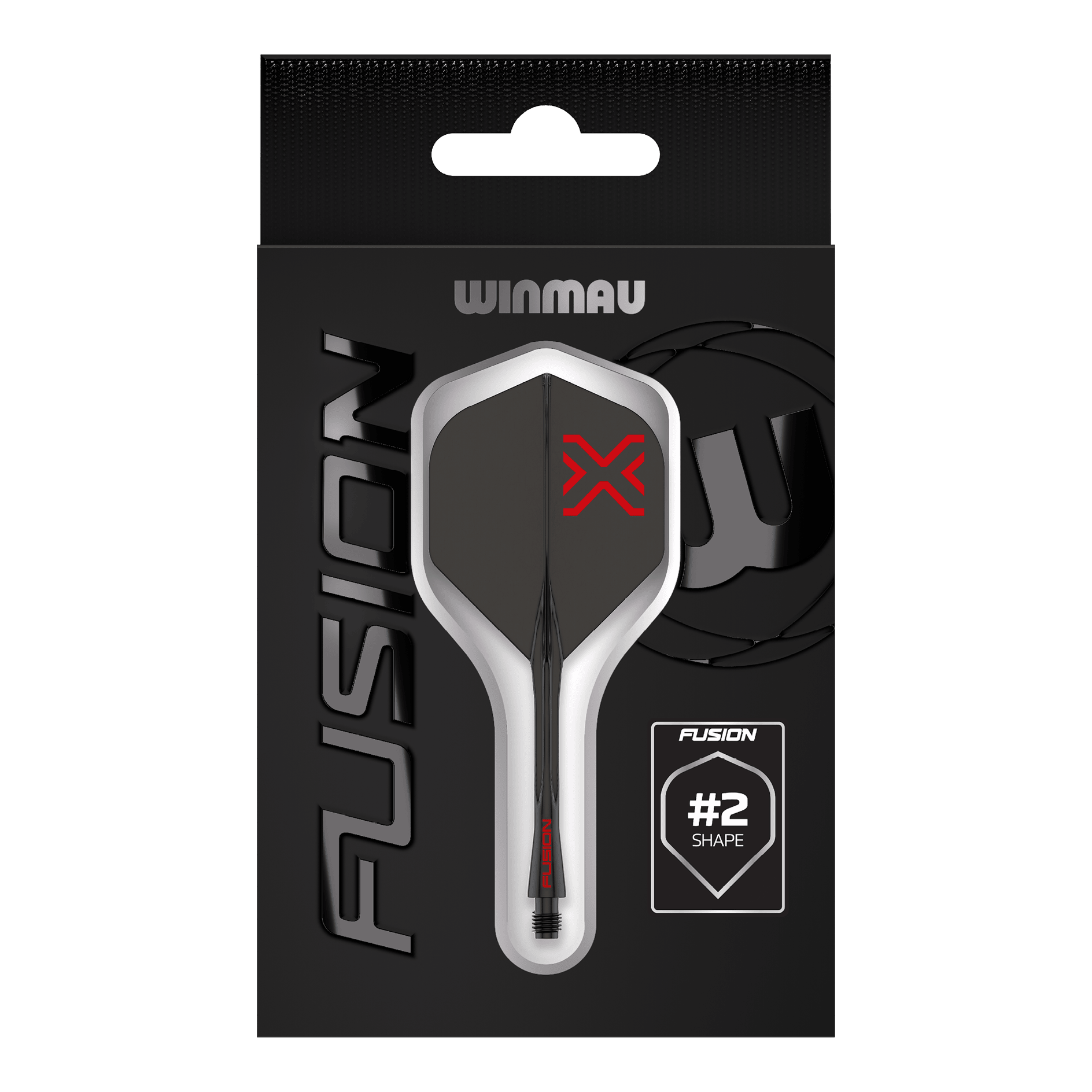 Winmau Fusion Blade X No2 Standard Flight Shaft System - Black Das Bild zeigt das Winmau Fusion Blade X No2 Standard Flight-Shaft-System in Schwarz. Es verbindet ein Flight mit einem Schaft in elegantem, schwarzem Design.