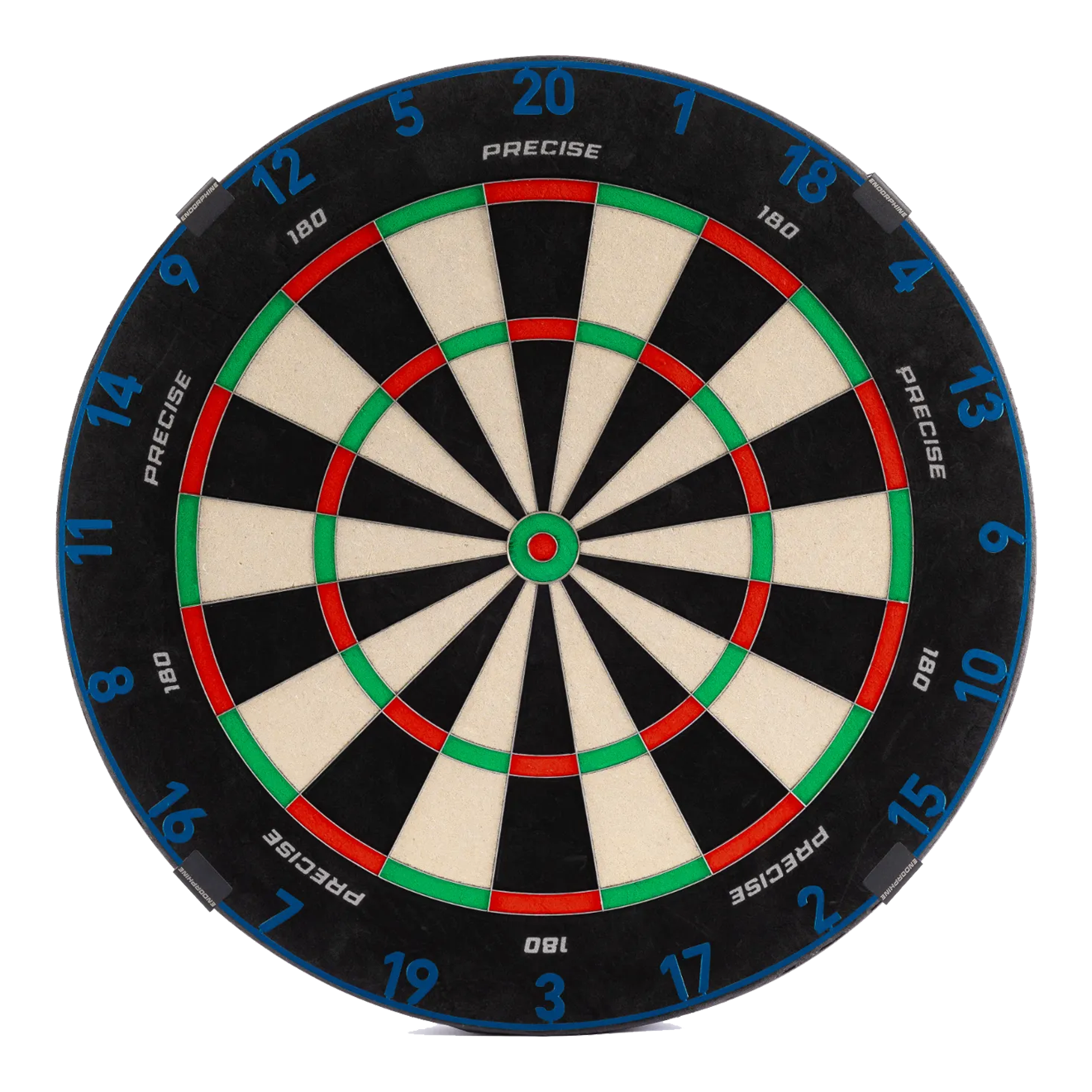 Precise 180 Endorphine steel dartboard with number ring - Arctic Blue Das ist das Precise 180 Endorphine Steeldartboard mit Nummernring in Arctic Blue. Das Dartboard wird in leuchtendem Blau gezeigt.