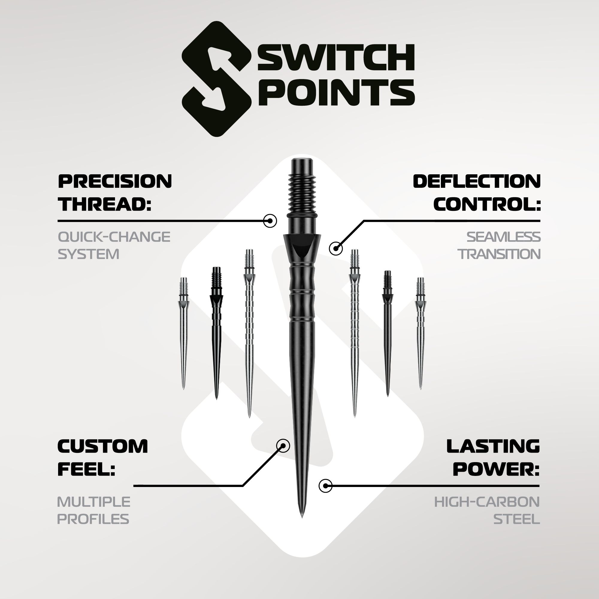Winmau Switch Point Wave steel dart tips - black Abgebildet sind die Winmau Switch Point Smooth Steeldartspitzen - Silver Effect. Die Dartspitzen sind silberfarben und haben eine glatte Oberfläche.
