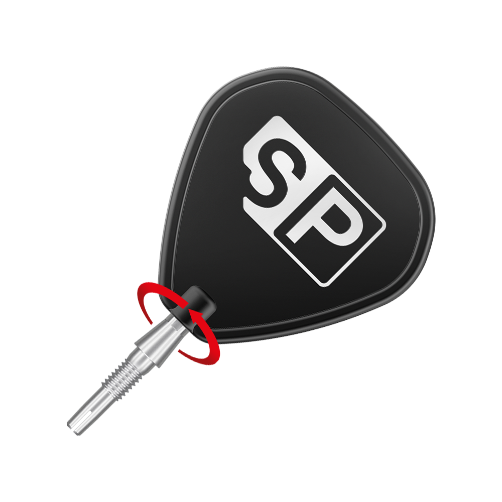 340055_Target_Swiss_Storm_Point_Dartspitzen_Silber_3_SP Das Bild zeigt eine silberne Dartspitze mit einem schwarzen Dartflight, auf dem die Buchstaben "SP" stehen. Ein roter Pfeil deutet eine Drehbewegung an der Verbindung zwischen Spitze und Flight an.