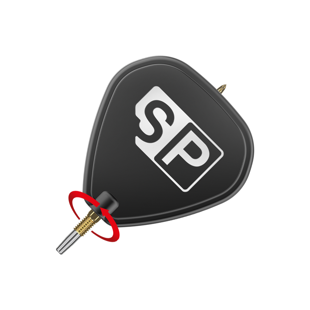 Target Swiss Point DX dart tips - gold Das Bild zeigt eine schwarze Dartspitze mit der Aufschrift "SP" in weißen Buchstaben. Ein roter Pfeil deutet auf eine Drehbewegung an der goldenen Spitze hin.