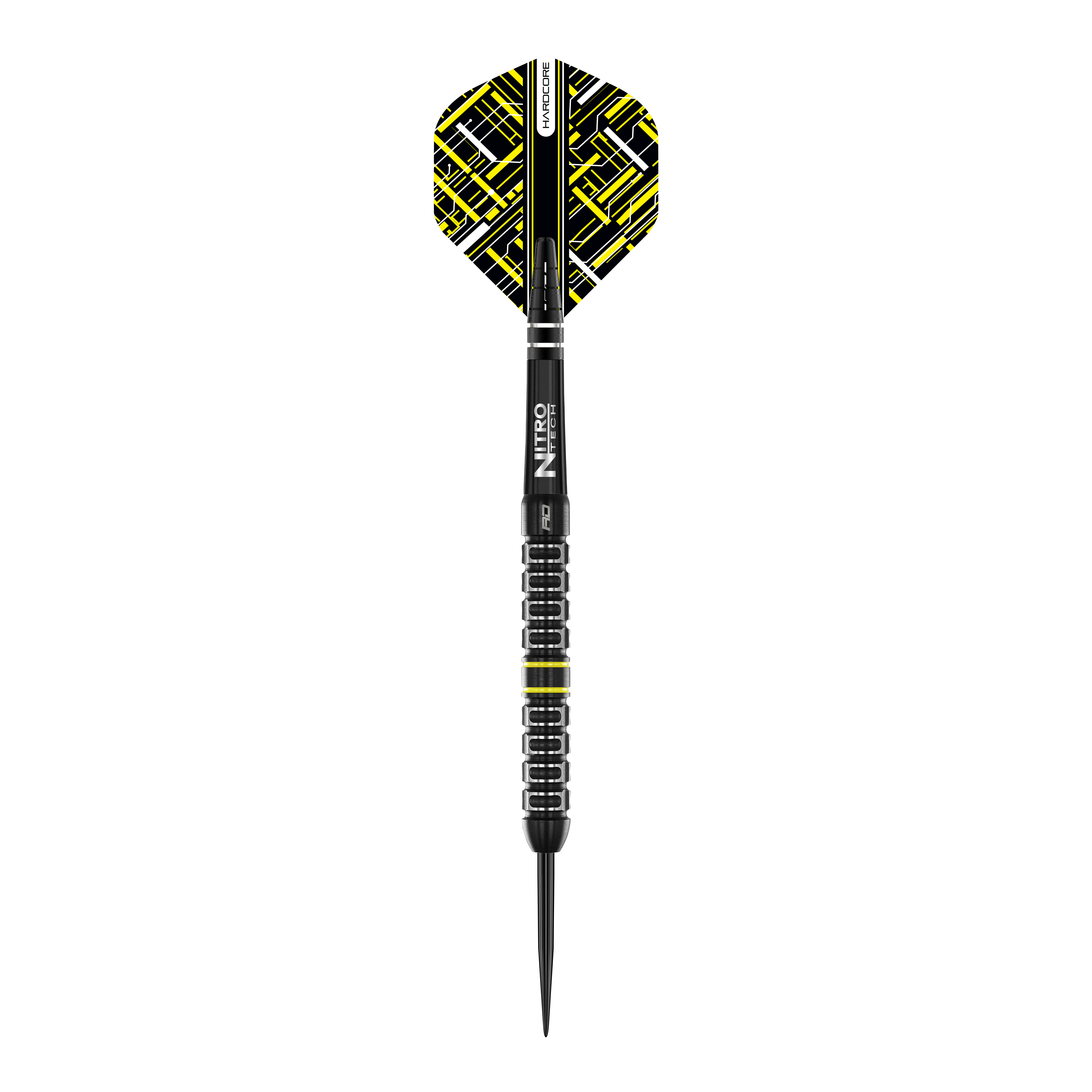 Red Dragon Astraeus Q4X Parallel Steeldarts Das Bild zeigt einen Red Dragon Astraeus Q4X Parallel Steeldart. Der Dartpfeil hat ein modernes Design mit schwarzen und gelben Akzenten auf den Flights.