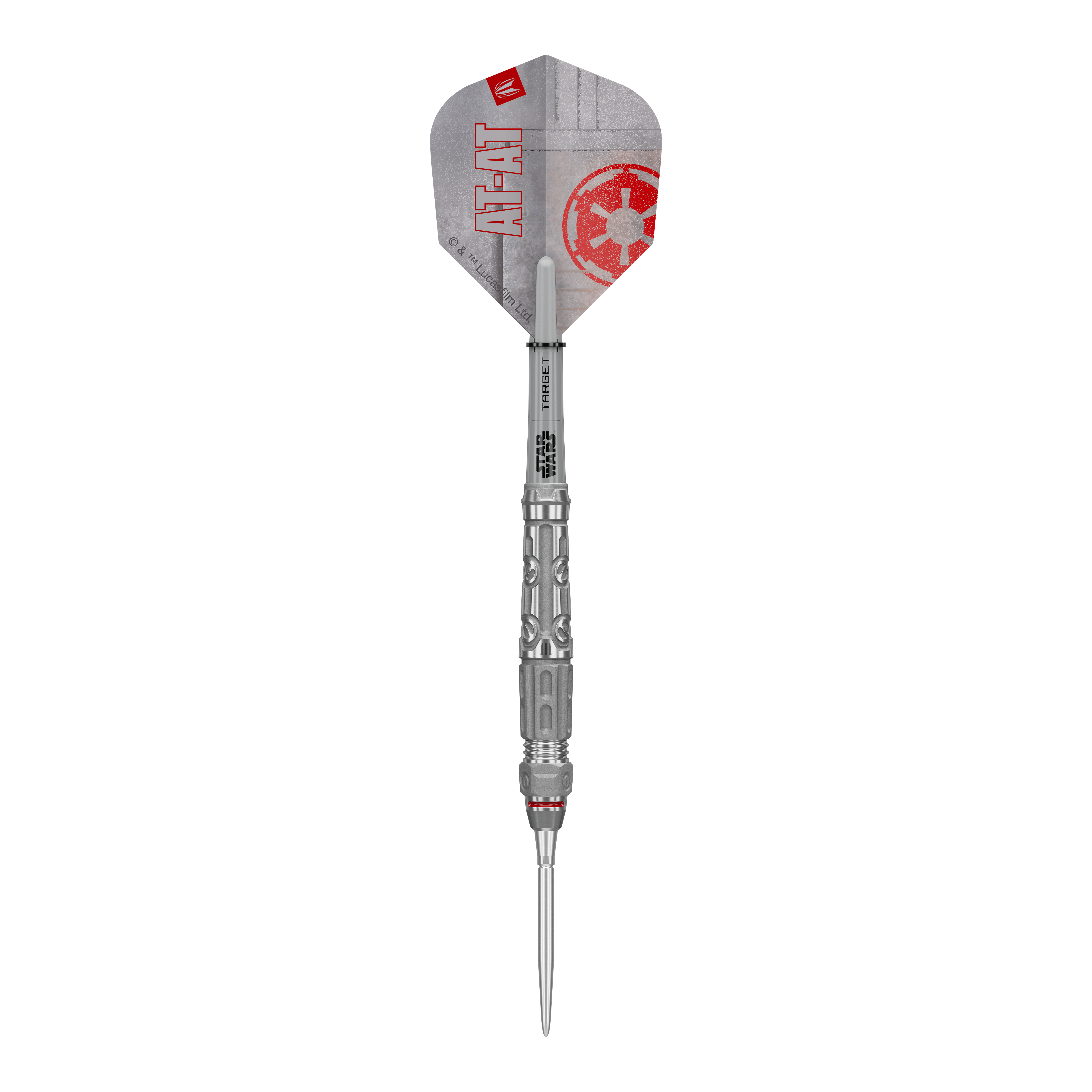 Hier sehen Sie die Target Star Wars AT-AT Swiss Point Steeldarts. Die Abbildung stellt das Design und die Form der Dartpfeile dar.