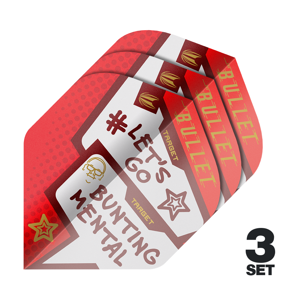 Target Pro Ultra Stephen Bunting Mental No2 Standard Flights - 3 Sets Das Bild zeigt drei Sätze der Target Pro Ultra Stephen Bunting Mental No2 Standard Flights für Darts. Die Flights sind rot-weiß gestaltet und tragen Aufschriften wie "#LET'S GO BUNTING MENTAL" und "BULLET".