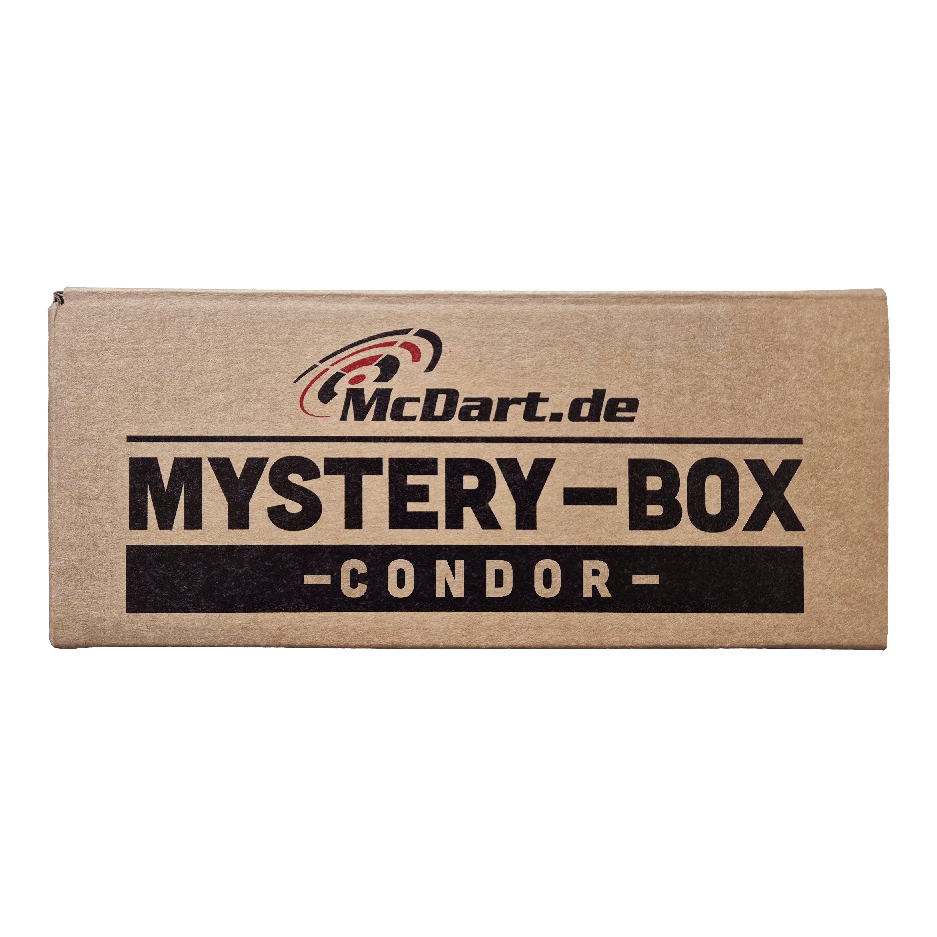 Auf dem Bild ist ein brauner Karton mit der Aufschrift "McDart.de Mystery-Box - Condor -" zu sehen. Die Schachtel wirkt geheimnisvoll und lädt zum Entdecken ein.