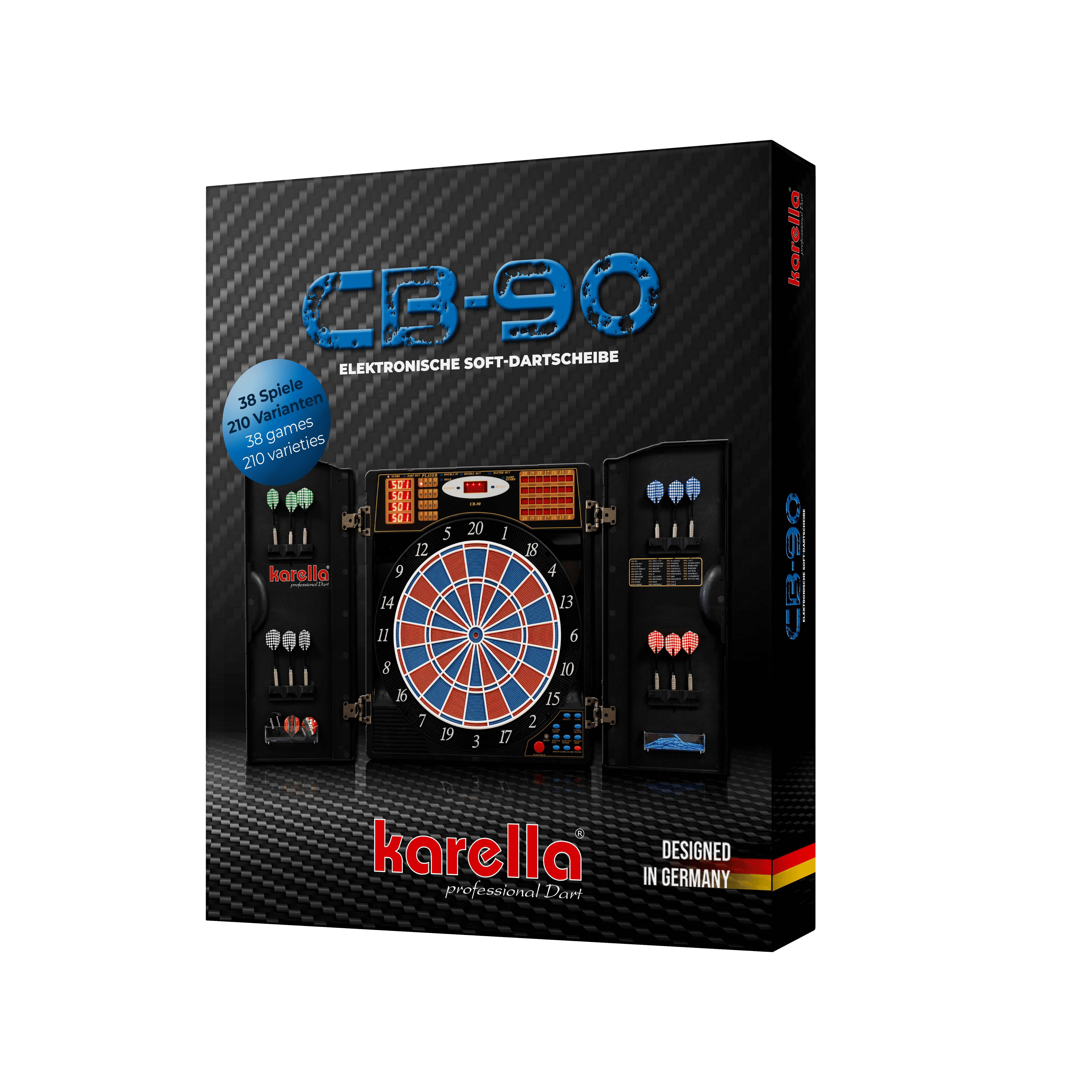 Auf dem Bild ist die Verpackung einer elektronischen Dartscheibe "CB 90 Turnierausführung" von Karella zu sehen. Die Dartscheibe bietet 38 Spiele mit 210 Varianten und ist "Designed in Germany".