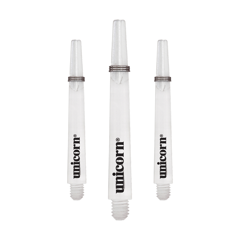 Das Bild zeigt drei transparente Unicorn Gripper 3 Mirage Shafts mit einer Länge von 44,2 mm. Auf jedem Schaft steht das Wort "unicorn" in schwarzer Schrift.