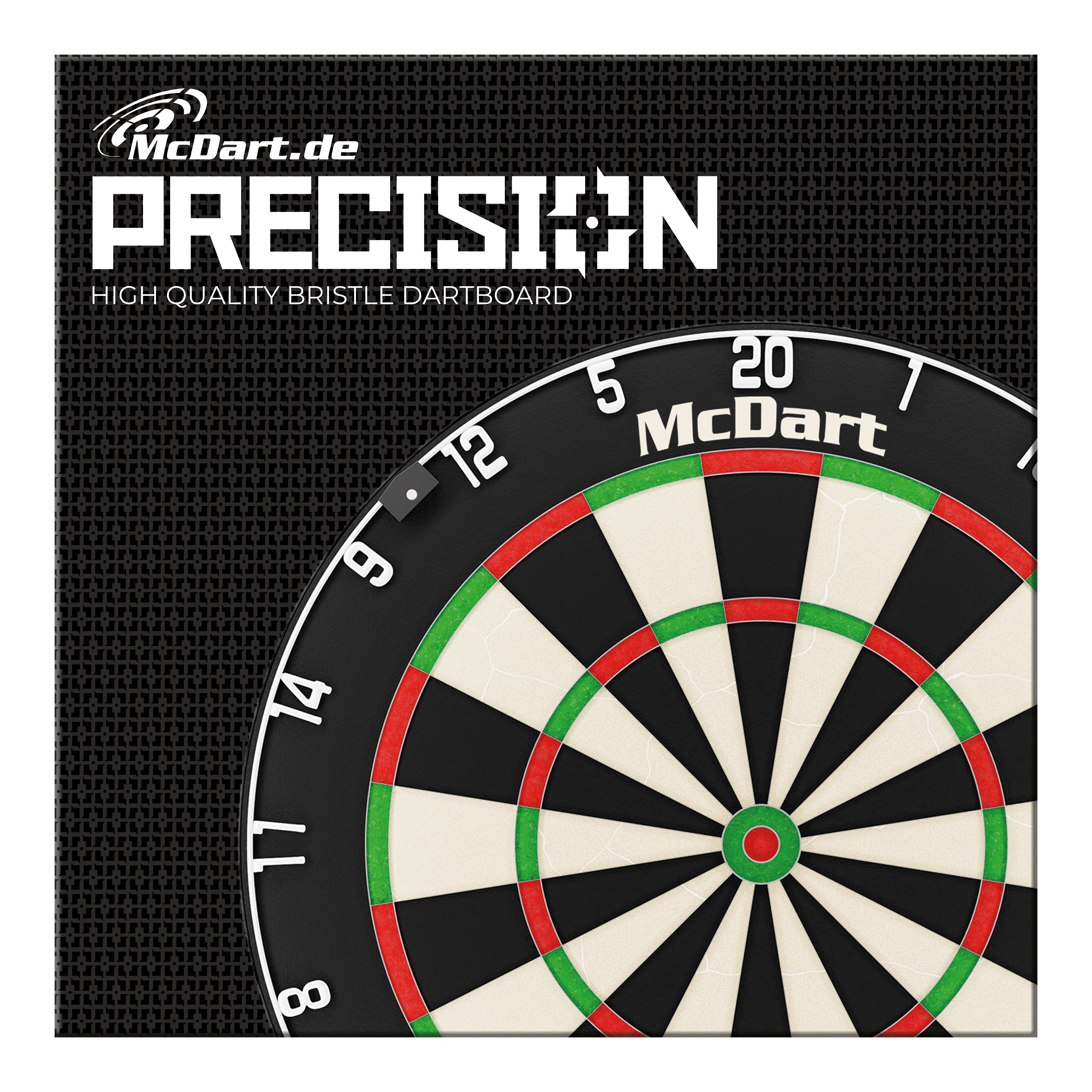 McDart Precision steel dartboard Das Bild zeigt das Produkt "McDart Precision Steeldartboard". Zu sehen ist ein hochwertiges Bristle-Dartboard mit dem McDart-Logo.