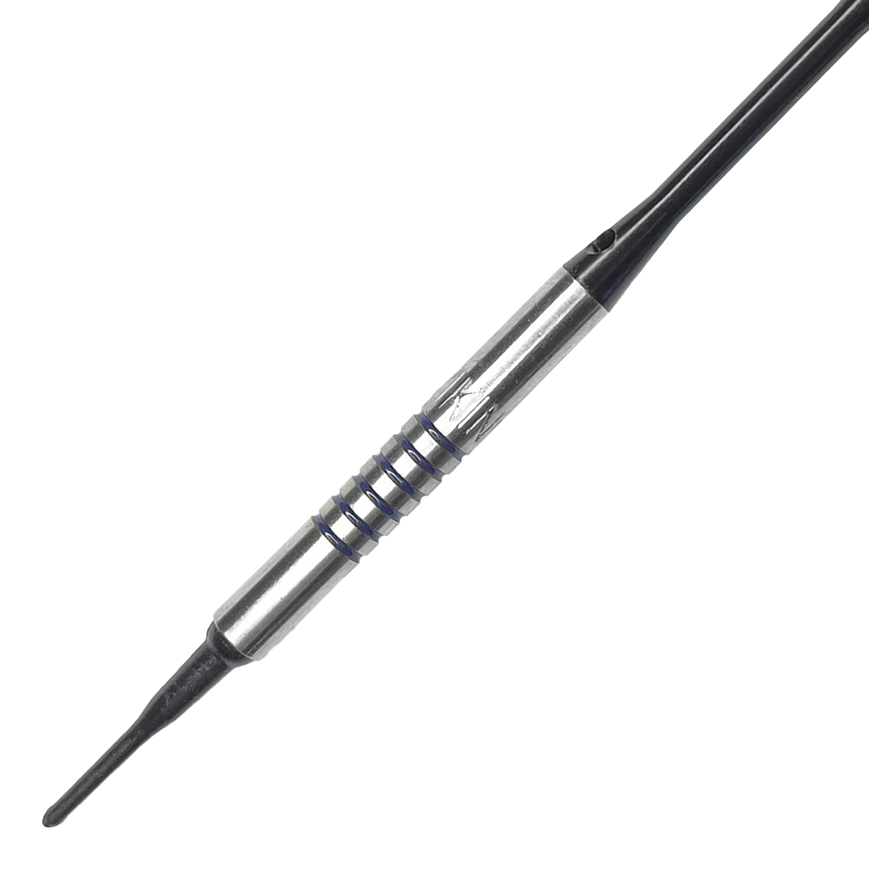 McDart 85 Tungsten V19 soft darts - 16.5g Dies ist ein McDart 85er Tungsten V19 Softdart mit einem Gewicht von 16,5g. Der Dart hat einen silbernen Barrel mit schwarzen Rillen und einer schwarzen Spitze.