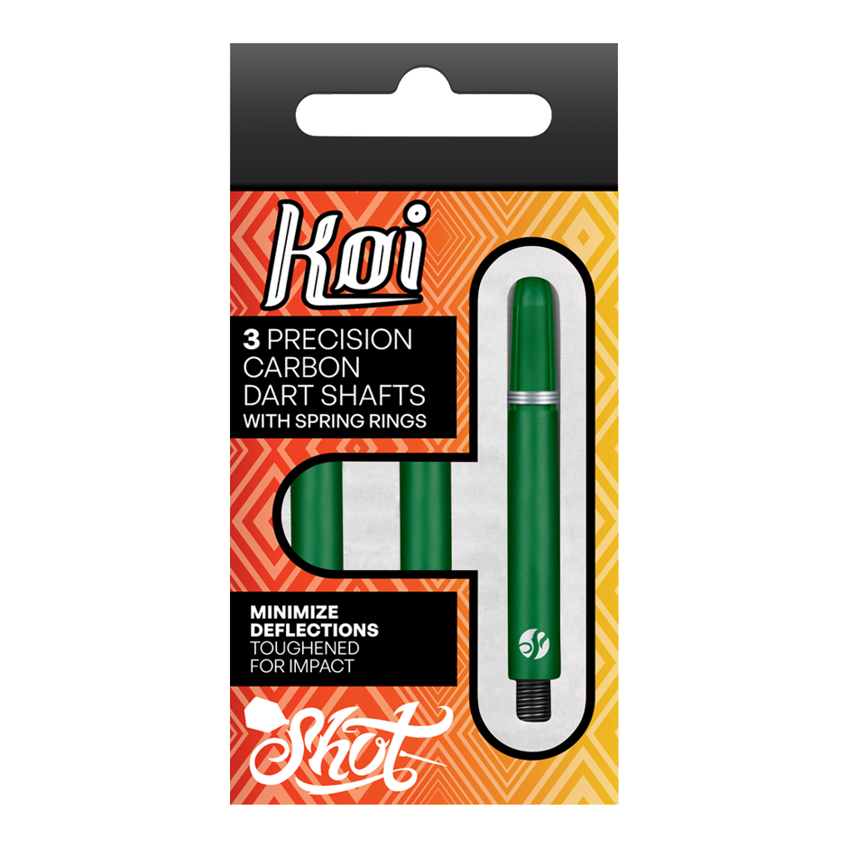 Shot Koi Carbon Shafts - Green Vier Dart-Schäfte sind aufgereiht. Die Details der Schäfte sind klar und deutlich.
