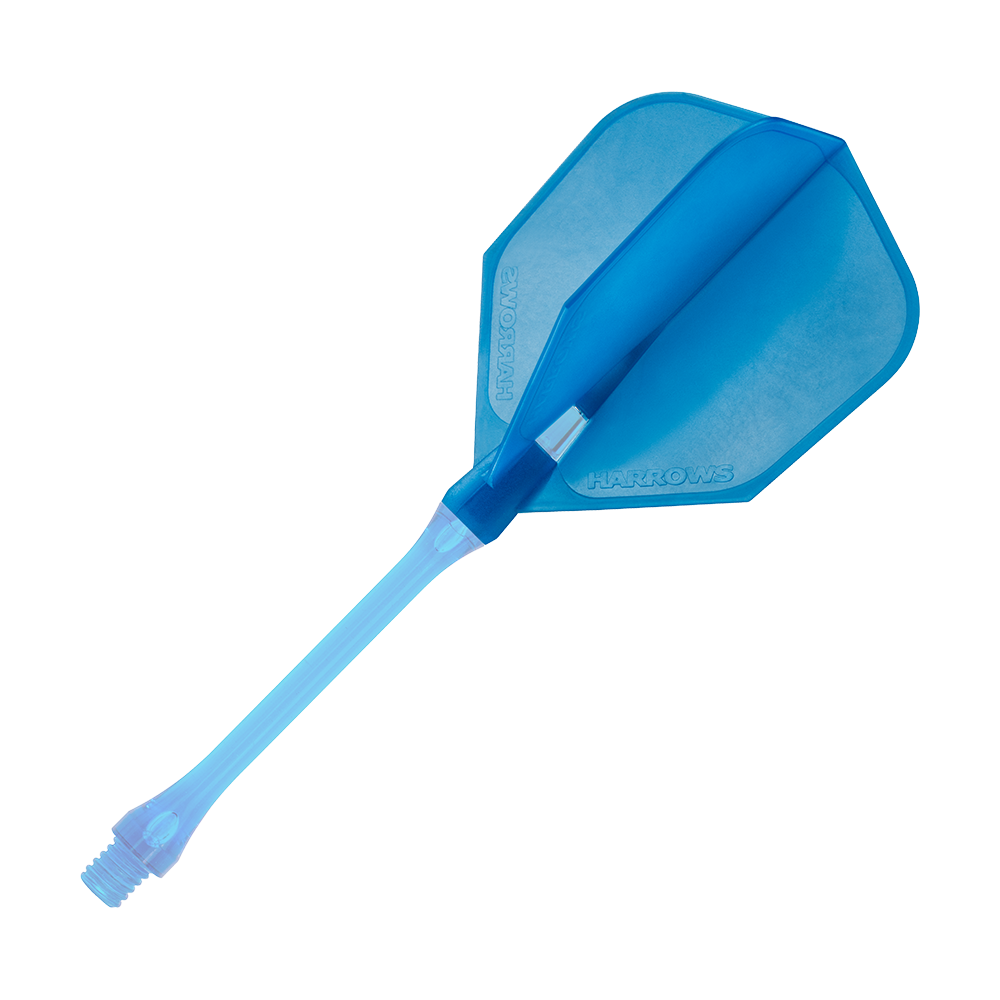 HRC-160_Harrows_Clic_Standard_Flight_Aqua_2 Das Bild zeigt ein blaues Dart-Flight mit Schaft der Marke Harrows. Es handelt sich um das Modell "Clic Standard Flights - Aqua".