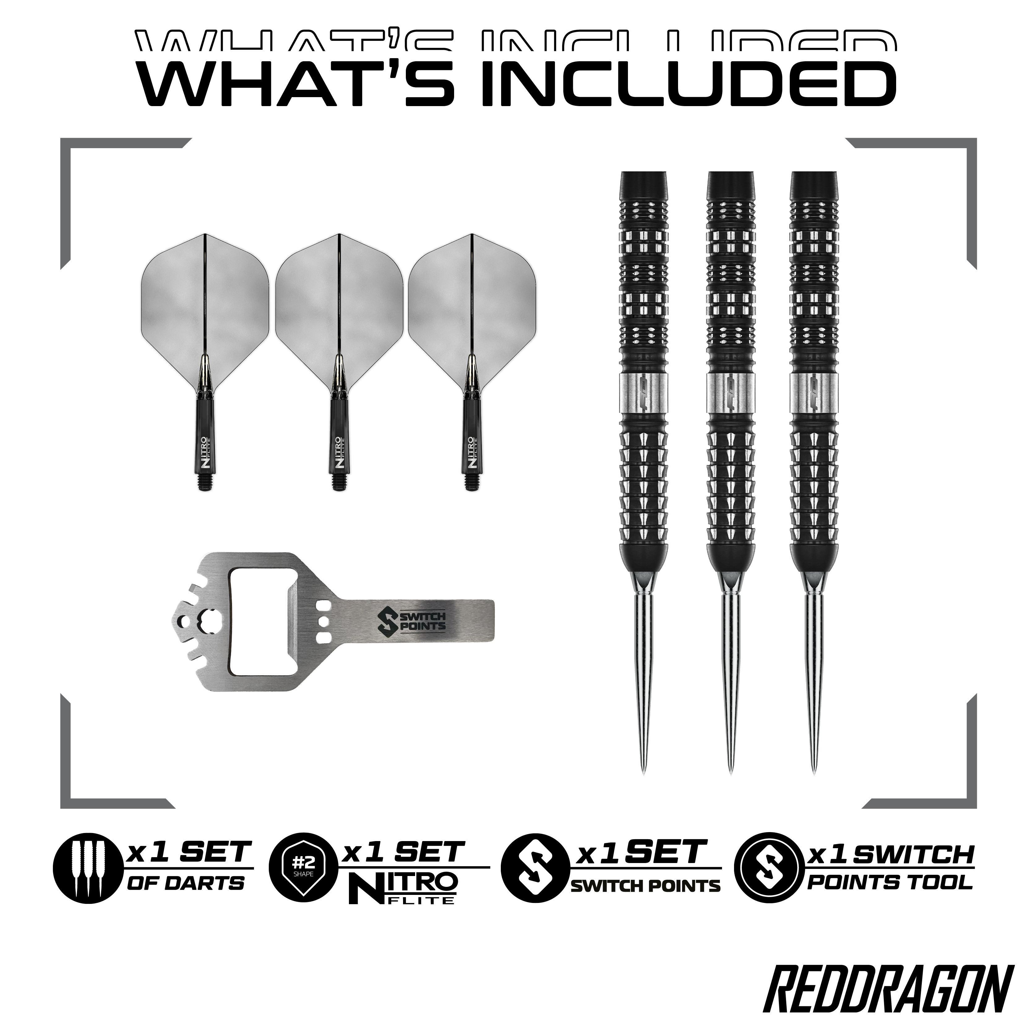 Das Bild zeigt Red Dragon Recon Parallel Steeldarts. Es handelt sich um hochwertige Steeldarts mit einem modernen Design.