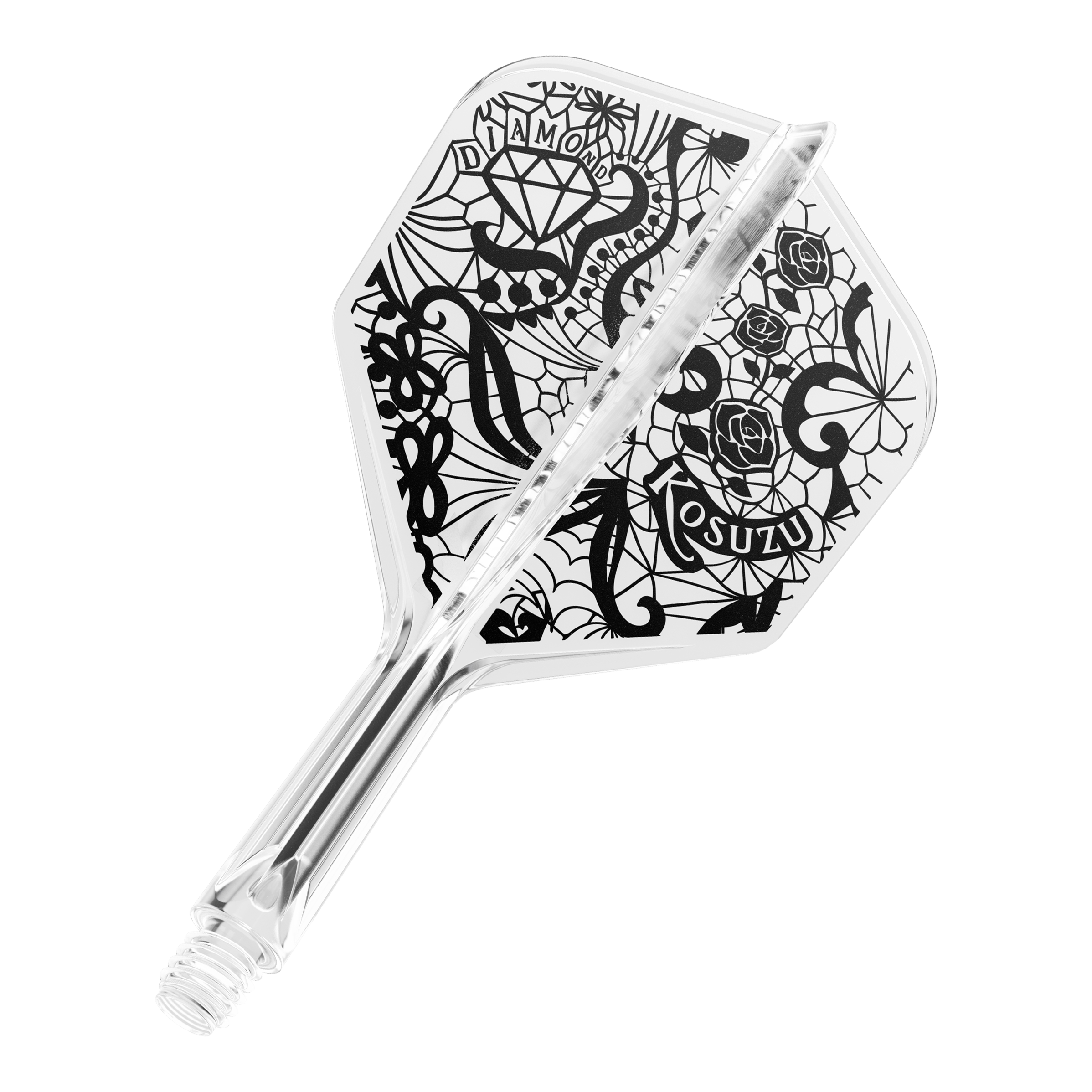 Target Japan K-Flex Diamond No6 Flight Shaft System Dies ist ein klarer Dartflight mit einem schwarzen, kunstvollen Design, das Rosen, ein Diamant und Netzmuster zeigt. Das System ist einteilig und hat ein Schraubgewinde am Ende.
