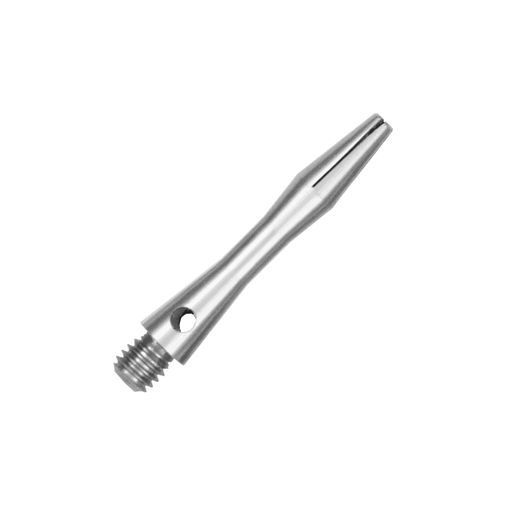 516_Aluminium_Shafts_Silber_30mm_2 Dies ist ein silberner Aluminiumschaft. Er hat ein schlankes, glänzendes Design mit einem Gewinde am Ende.
