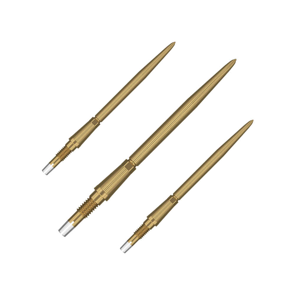 Target Swiss Storm Nano Point Dartspitzen - Gold Das Bild zeigt drei goldene Dartspitzen mit feinen Rillen. Sie sind in unterschiedlichen Ausrichtungen auf grünem Hintergrund angeordnet.