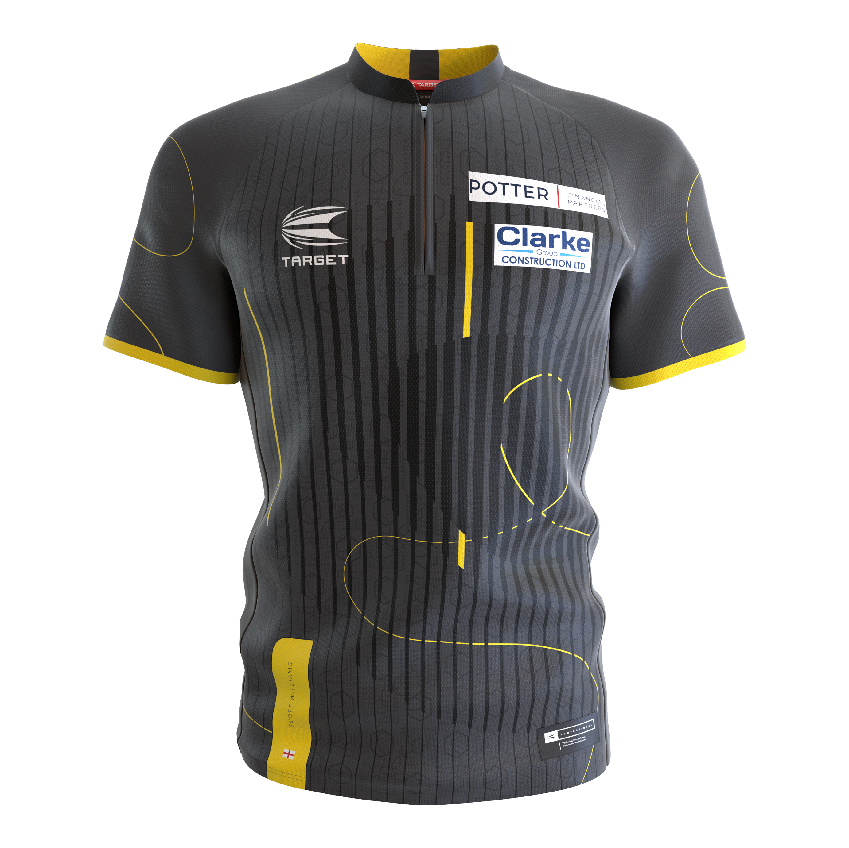 Target Coolplay Collarless Scott Williams dart shirt Das Bild zeigt ein kurzärmliges Dartshirt ohne Kragen in dunklem Grau mit gelben Akzenten. Auf dem Shirt befinden sich Sponsorenlogos sowie dezente Musterlinien.