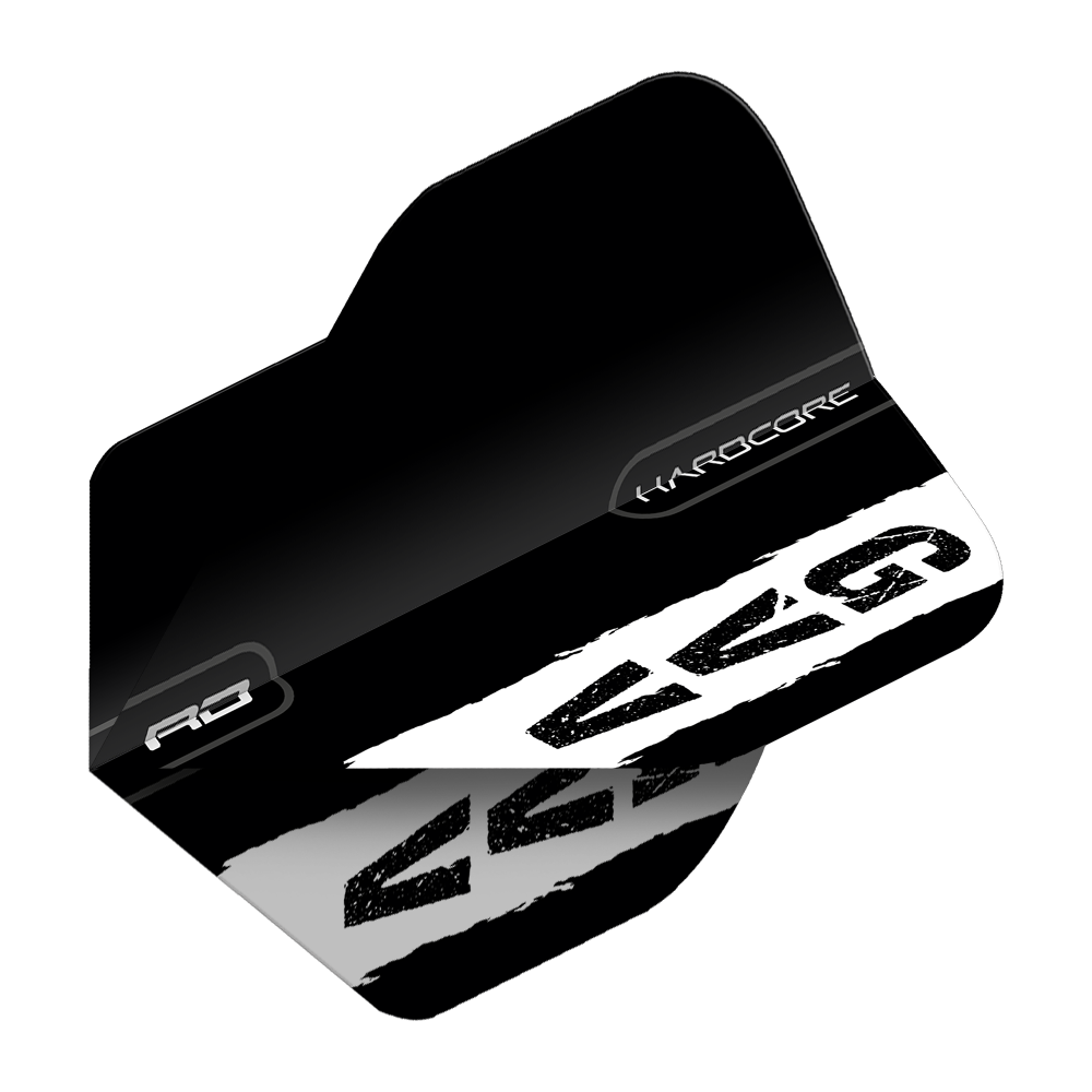 Red Dragon Hardcore Gian Van Veen Black Logo Standard Flights Das Bild zeigt einen schwarzen Dartflight mit dem weißen Logo "GVG" und dem Schriftzug "Hardcore". Es handelt sich um das Produkt "Red Dragon Hardcore Gian Van Veen Black Logo Standard Flights".