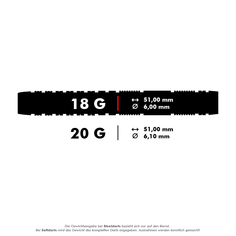 Harrow's Dave Chisnall Chizzy Series 2 soft darts Das Bild zeigt die technischen Daten für Darts mit 18 Gramm und 20 Gramm Gewicht. Beide Varianten sind 51,00 mm lang, wobei der Durchmesser 6,00 mm bzw. 6,10 mm beträgt.