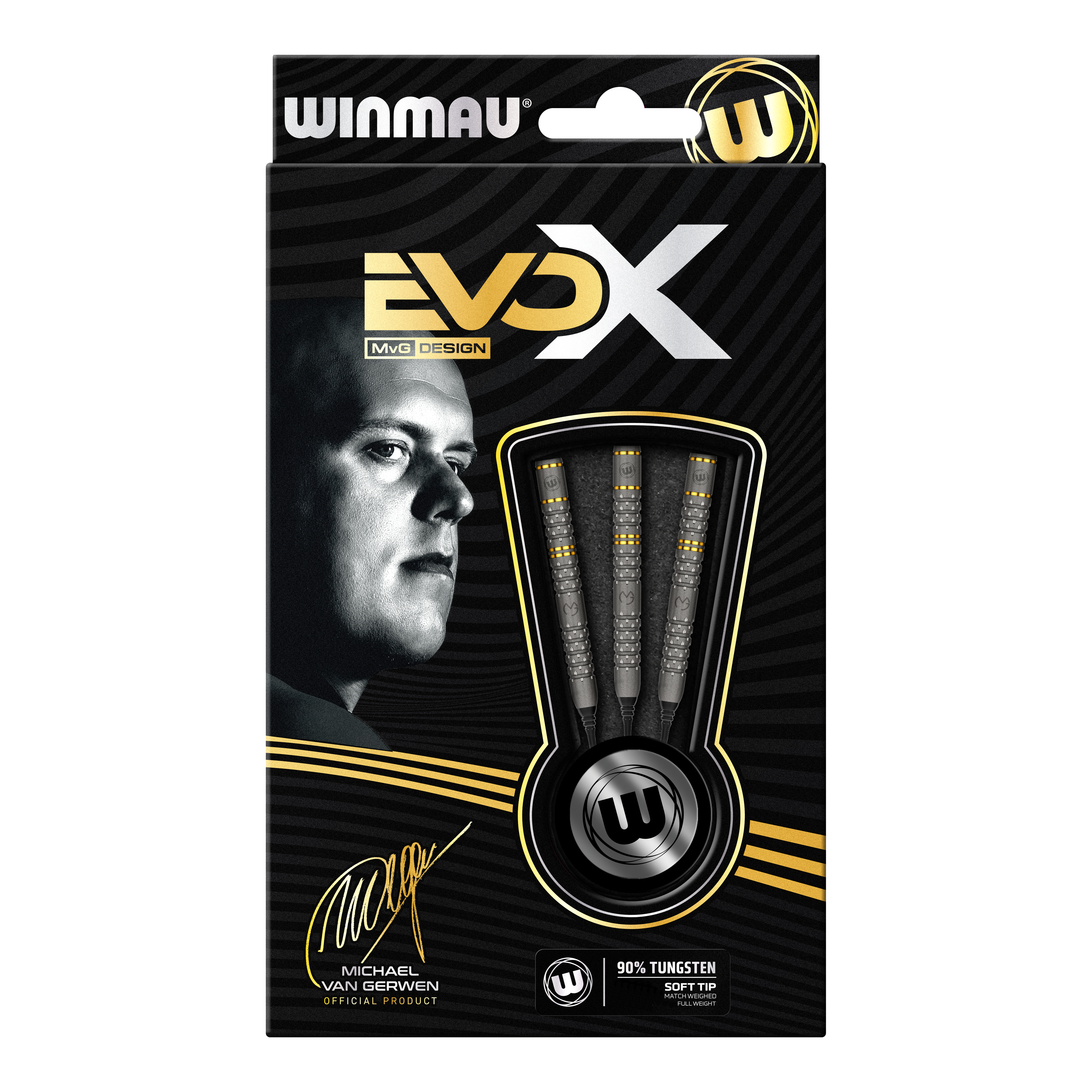 Winmau Michael Van Gerwen Evo-X soft darts - 20g Die Abbildung zeigt die Verpackung der "Winmau Michael Van Gerwen Evo-X Softdarts - 20g". Auf der Vorderseite sind drei Softdarts sowie ein Porträt von Michael Van Gerwen zu sehen.