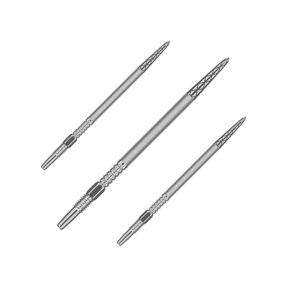 Target Swiss Point DX dart tips - Silver Das Bild zeigt drei silberne Dartspitzen, die nebeneinander angeordnet sind. Sie haben eine geriffelte Struktur und eine spitz zulaufende Form.