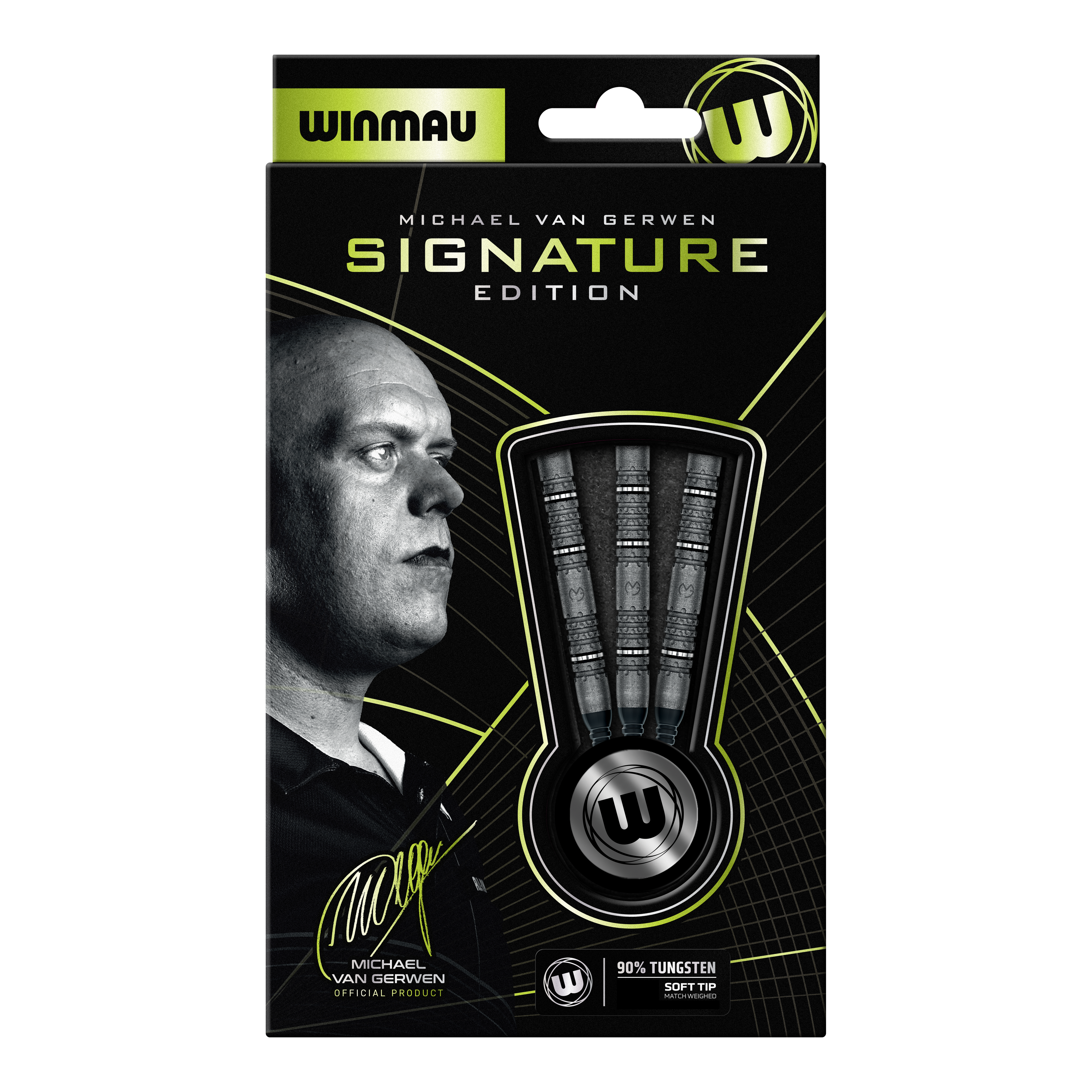 Winmau Michael Van Gerwen Signature Edition Softdarts - 20g Abgebildet sind die Winmau Michael Van Gerwen Signature Edition Softdarts mit 20g Gewicht. Die Aufnahme zeigt drei einzelne Softdarts.