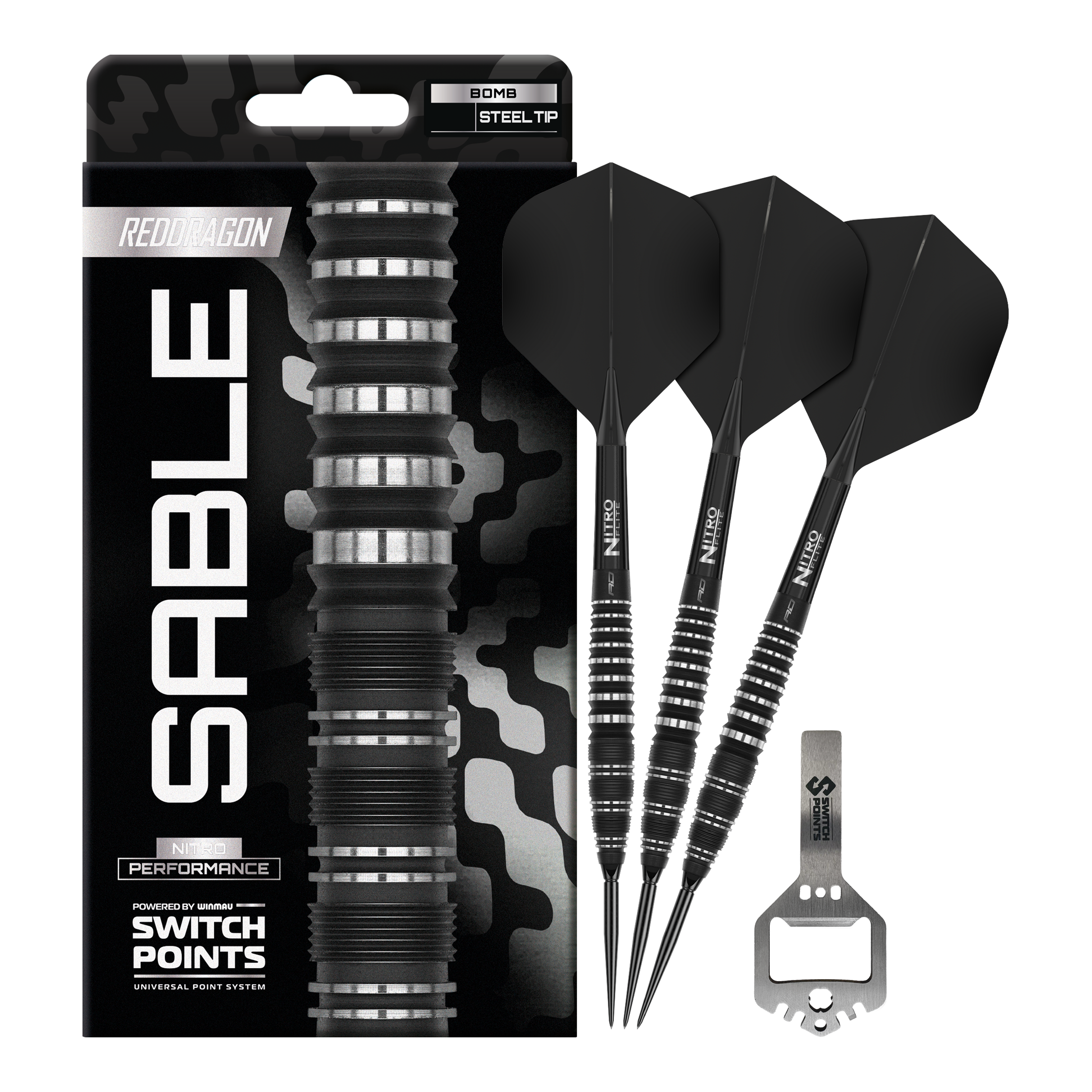 Red Dragon Sable Bomb Switch Point Steel Darts Das Bild zeigt Red Dragon Sable Bomb Switch Point Steeldarts in voller Ansicht. Diese Darts bieten eine ausgezeichnete Balance und Kontrolle.
