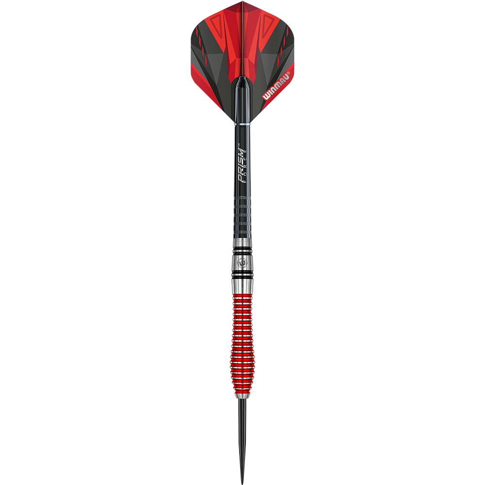 1436_Winmau_Dennis_Priestley_Special_Edition_2019_Steeldarts_1al0bsc0R9MwvZ Das Bild zeigt einen Winmau Dennis Priestley Special Edition Steeldart. Der Dart hat ein auffälliges Design mit roten und schwarzen Elementen.