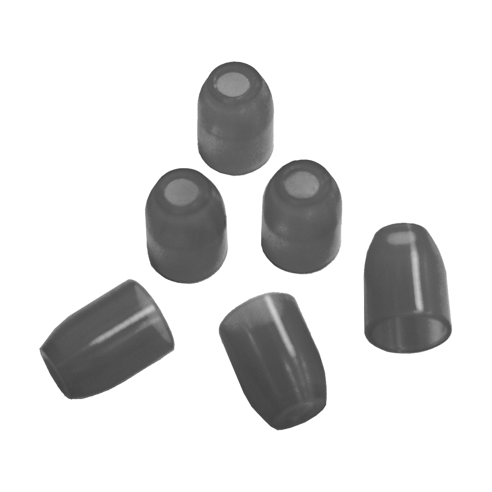 LSF10_L-Style_Champagne-Ringe_ClearBlack_1 Das Bild zeigt fünf kleine, zylindrische Gummikappen in schwarzer Farbe. Sie sind gleichmäßig auf einer ebenen Fläche angeordnet.