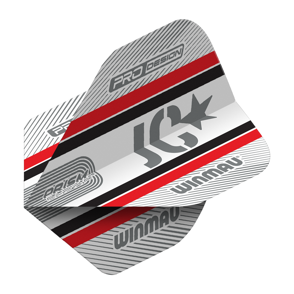 Das Bild zeigt die Winmau Alpha Joe Cullen 85 Standard Flights für Darts. Das Design ist in Silber, Rot, Schwarz und Weiß gehalten und trägt die Logos "Winmau" und "JC".