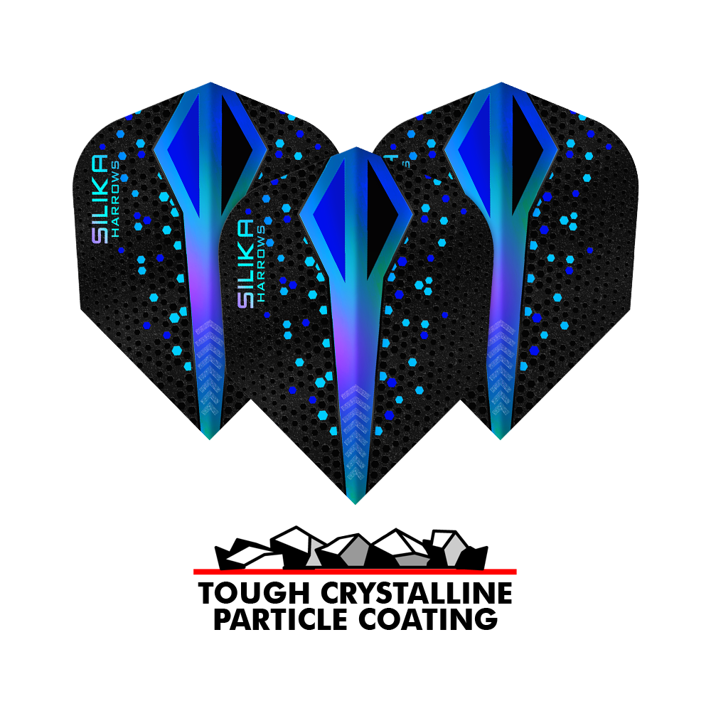 Harrows Silika Colorshift Tough Crystalline Coating Blue No6 Flights Das Bild zeigt drei Harrows Silika Colourshift Tough Crystalline Coating Blue No6 Flights. Darunter befindet sich ein Logo mit der Aufschrift "Tough Crystalline Particle Coating".