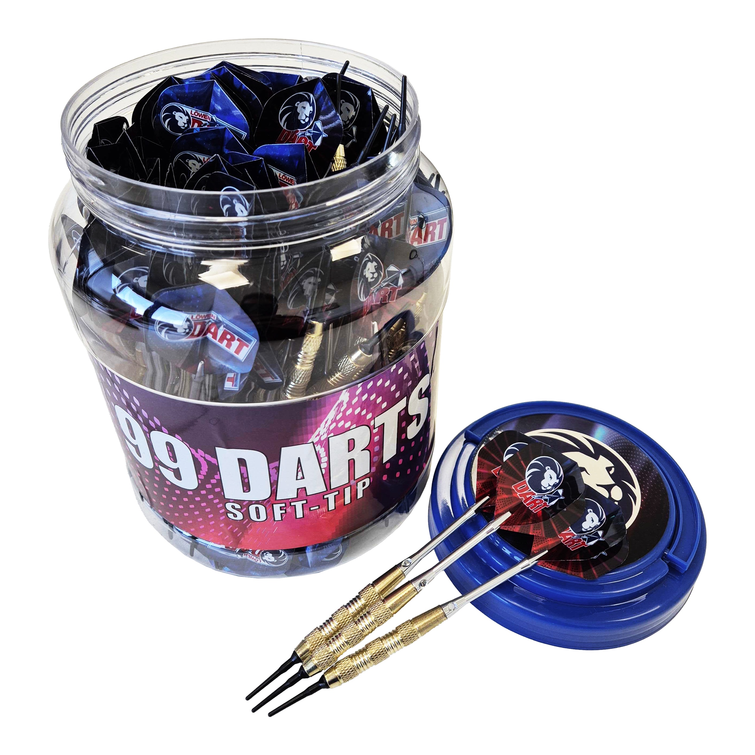 99 Löwen Soft-Tip Darts - 18g Das Bild zeigt eine große Dose mit der Aufschrift „99 DARTS SOFT-TIP“, die viele Soft-Tip-Darts enthält. Drei der 18g Darts liegen auf dem blauen Deckel neben der Dose.