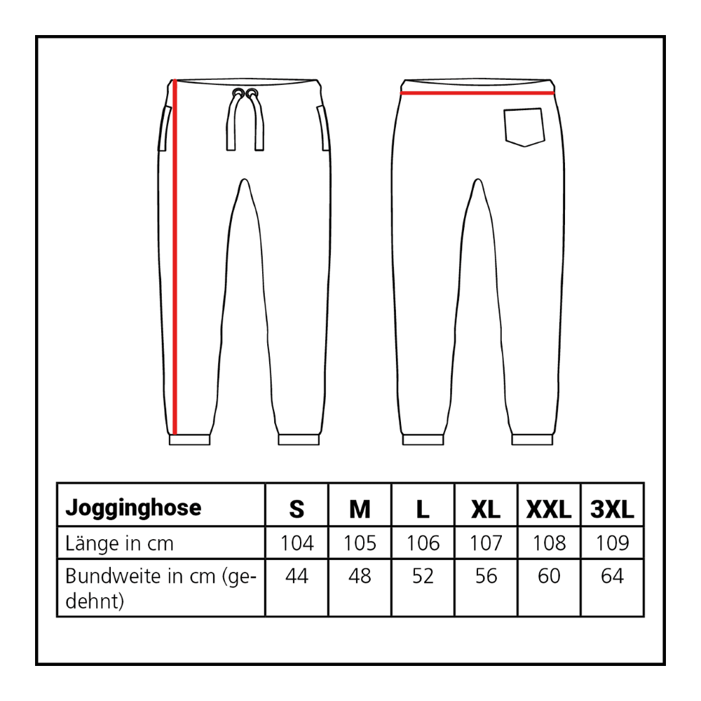Abgebildet ist die Größentabelle für die Löwen Kollektion Jogger. Die Tabelle hilft bei der Auswahl der passenden Größe.
